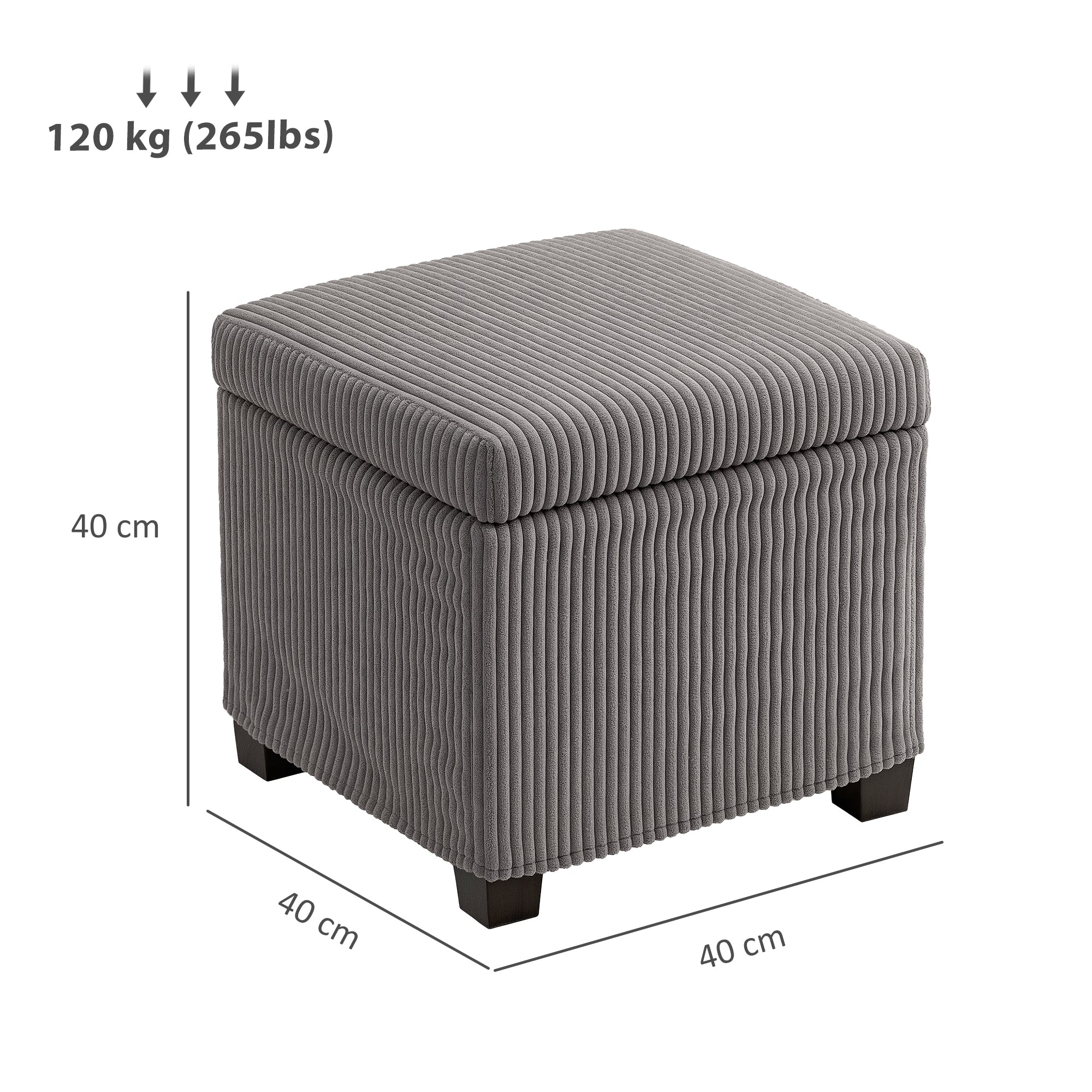 Coffre pouf rangement 30 L, tabouret de rangement avec couvercle amovible, ottoman repose-pied cube rembourré en velours côtelé, pour salon chambre entrée, charge 120 Kg, 40 x 40 x 40 cm, gris
