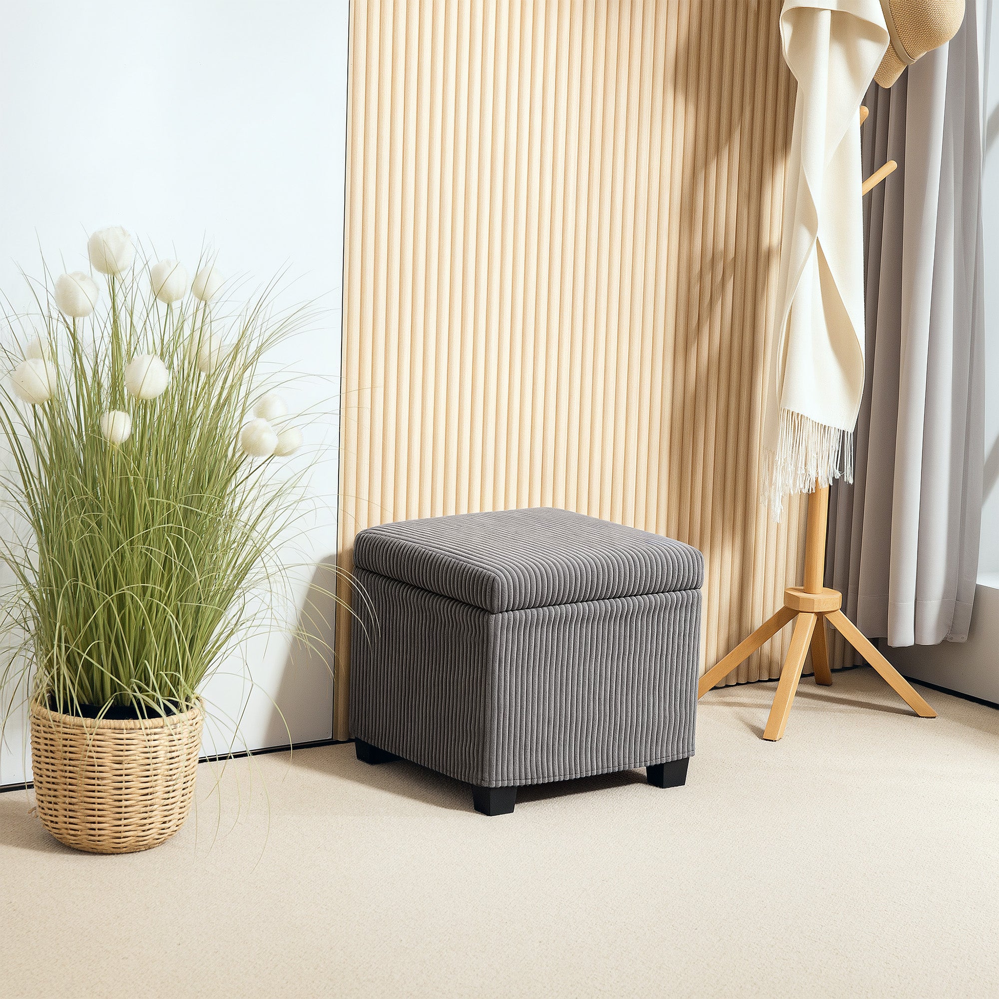 Coffre pouf rangement 30 L, tabouret de rangement avec couvercle amovible, ottoman repose-pied cube rembourré en velours côtelé, pour salon chambre entrée, charge 120 Kg, 40 x 40 x 40 cm, gris