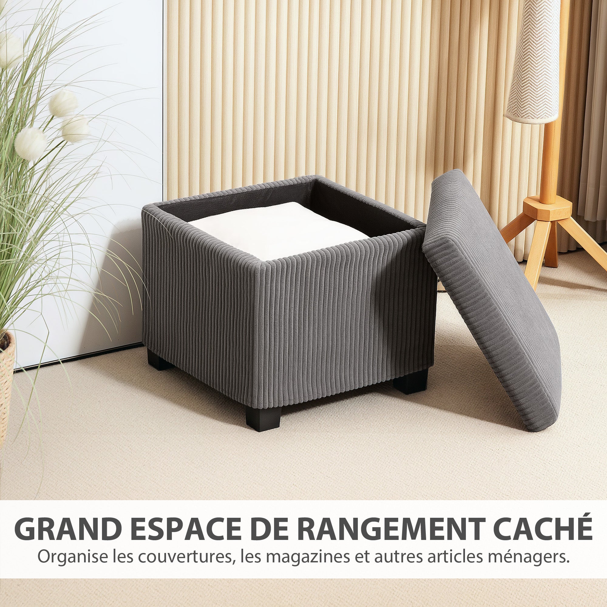 Coffre pouf rangement 30 L, tabouret de rangement avec couvercle amovible, ottoman repose-pied cube rembourré en velours côtelé, pour salon chambre entrée, charge 120 Kg, 40 x 40 x 40 cm, gris