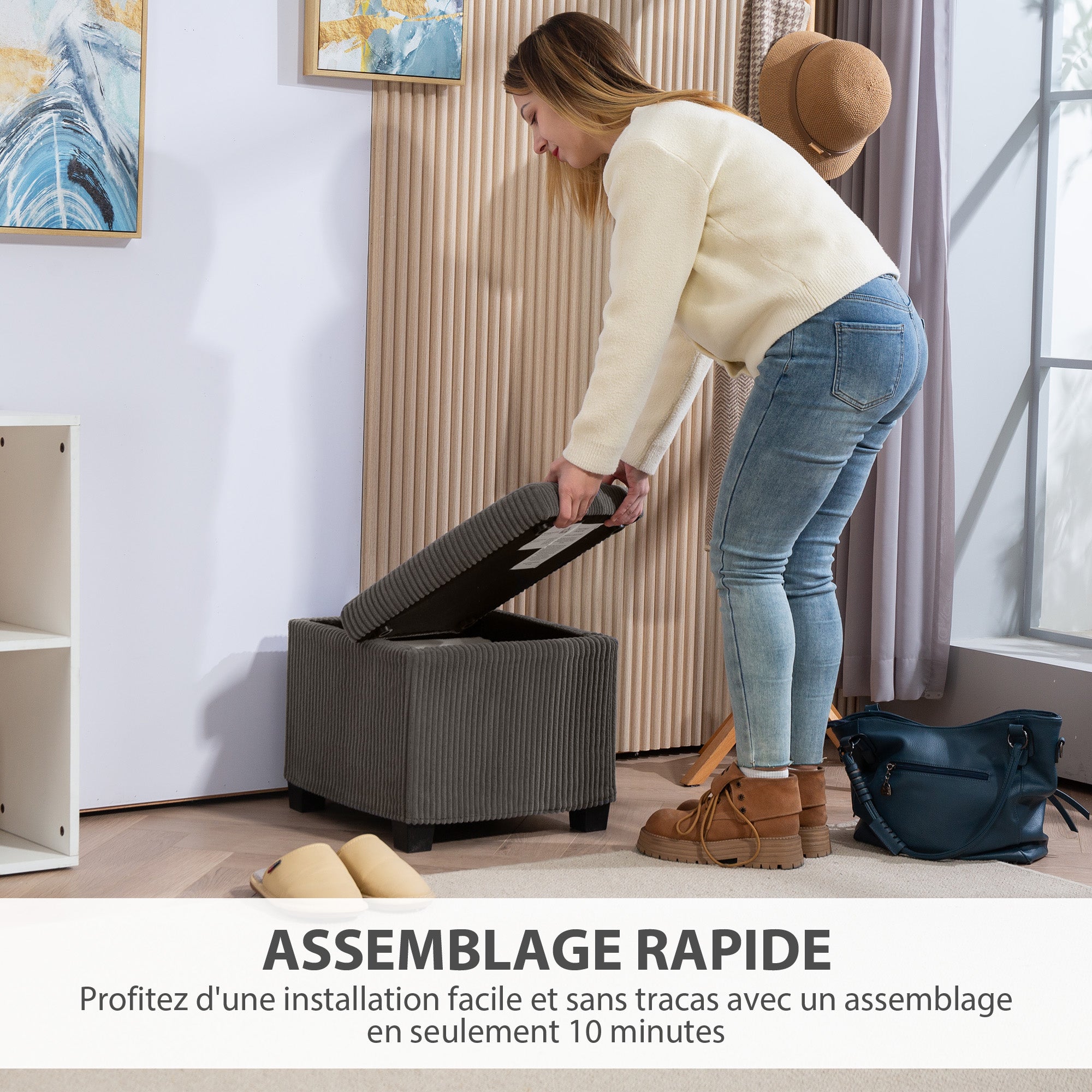 Coffre pouf rangement 30 L, tabouret de rangement avec couvercle amovible, ottoman repose-pied cube rembourré en velours côtelé, pour salon chambre entrée, charge 120 Kg, 40 x 40 x 40 cm, gris