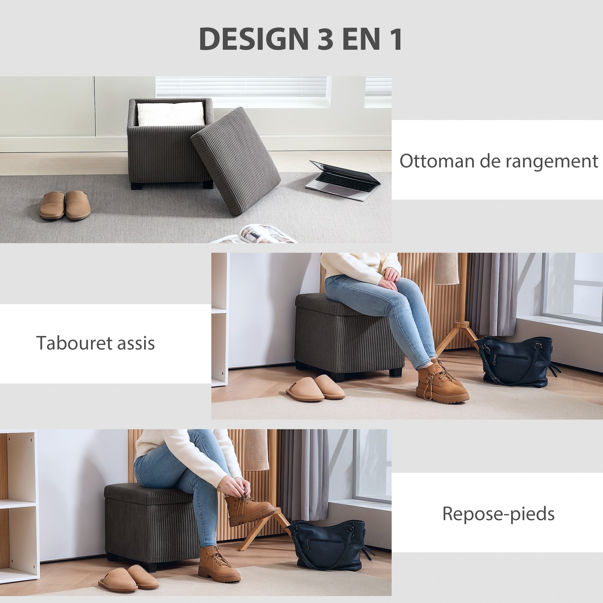 Coffre pouf rangement 30 L, tabouret de rangement avec couvercle amovible, ottoman repose-pied cube rembourré en velours côtelé, pour salon chambre entrée, charge 120 Kg, 40 x 40 x 40 cm, gris
