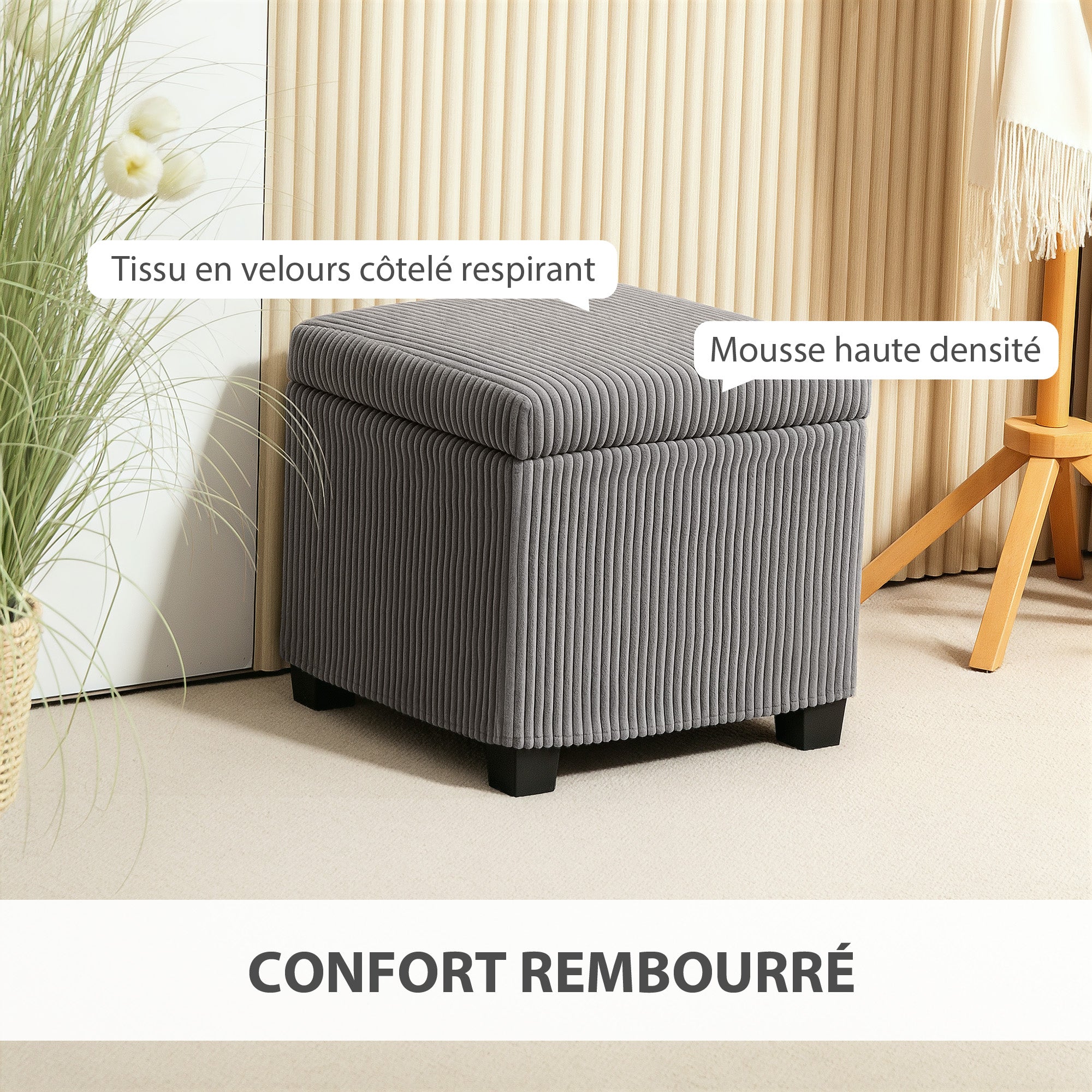 Coffre pouf rangement 30 L, tabouret de rangement avec couvercle amovible, ottoman repose-pied cube rembourré en velours côtelé, pour salon chambre entrée, charge 120 Kg, 40 x 40 x 40 cm, gris
