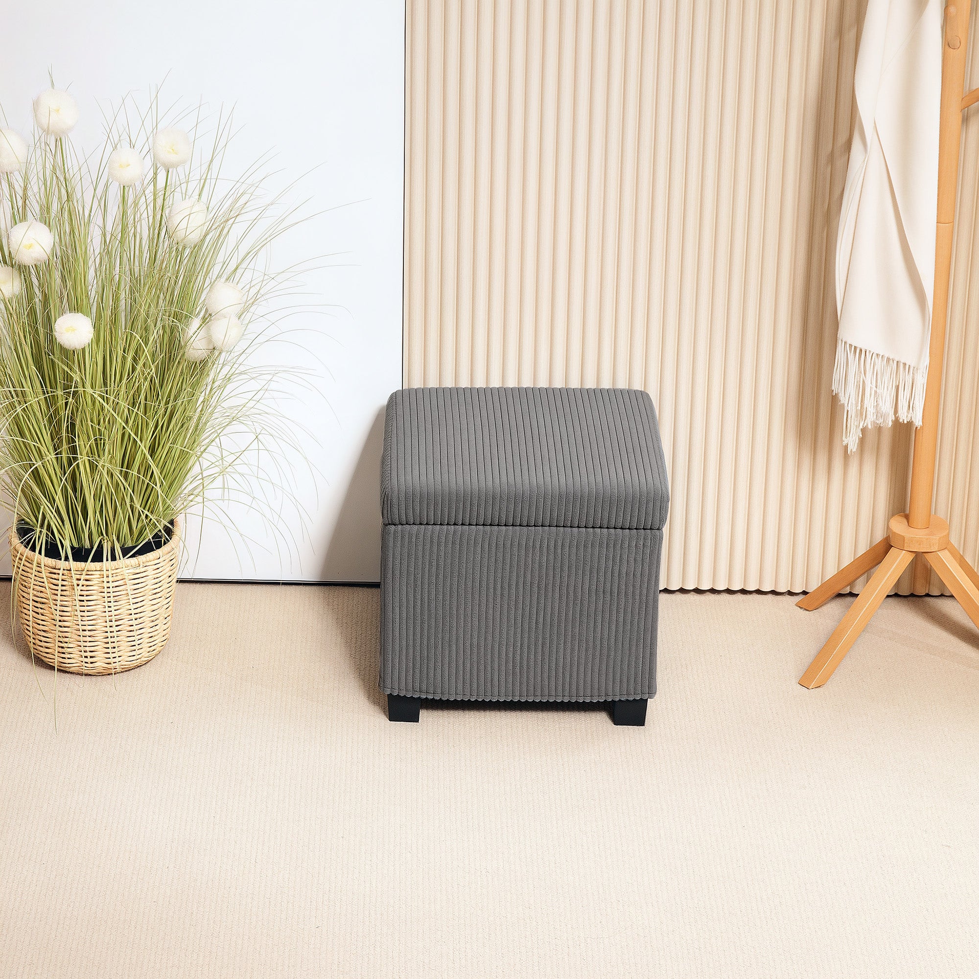 Coffre pouf rangement 30 L, tabouret de rangement avec couvercle amovible, ottoman repose-pied cube rembourré en velours côtelé, pour salon chambre entrée, charge 120 Kg, 40 x 40 x 40 cm, gris