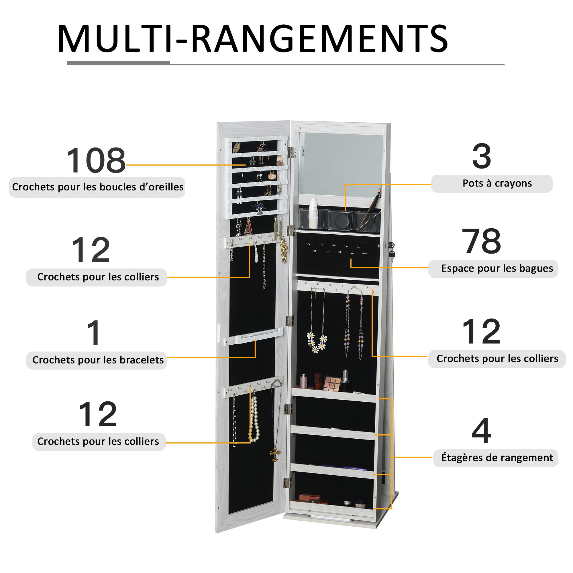 Armoire à Bijoux avec Miroir sur Pied Multi-rangements éclairage LED Blanc dim. 38L x 38l x H157 cm
