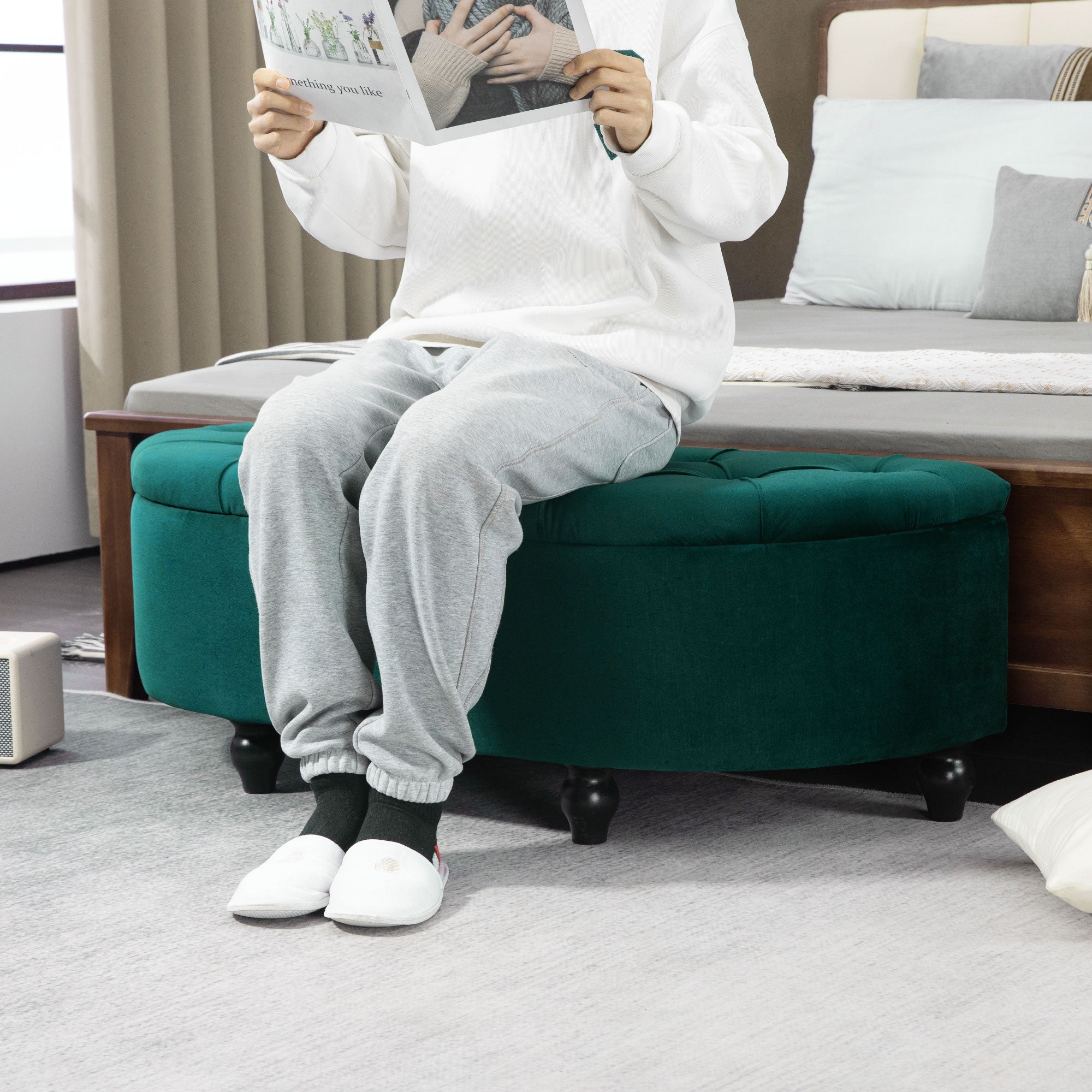 Banc de rangement, coffre de rangement design capitonné demi-cercle bout de lit avec revêtement velours, pieds en bois d'hévéa, pour salon, chambre, entrée, 120 x 46 x 42 cm, vert