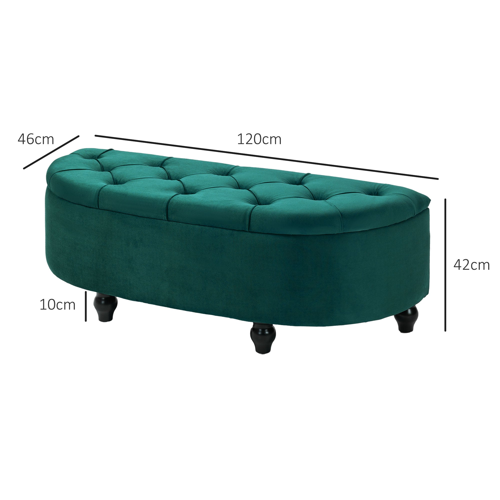 Banc de rangement, coffre de rangement design capitonné demi-cercle bout de lit avec revêtement velours, pieds en bois d'hévéa, pour salon, chambre, entrée, 120 x 46 x 42 cm, vert