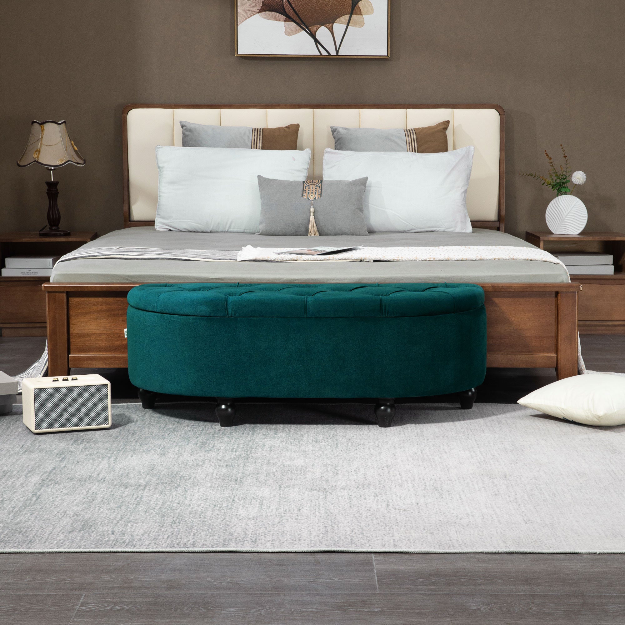 Banc de rangement, coffre de rangement design capitonné demi-cercle bout de lit avec revêtement velours, pieds en bois d'hévéa, pour salon, chambre, entrée, 120 x 46 x 42 cm, vert
