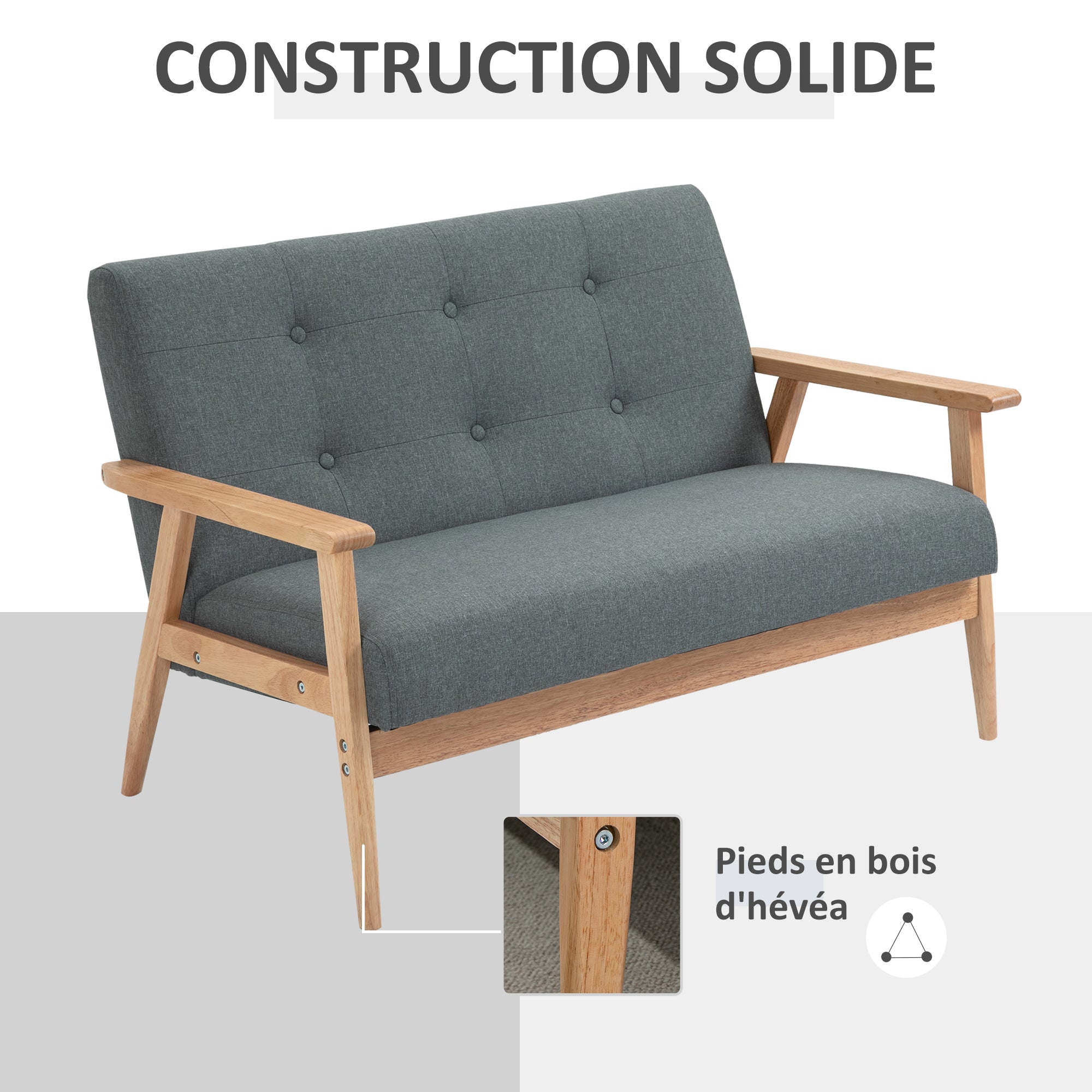 Canapé 2 places canapé en lin 115 cm style scandinave canapé de salon avec accoudoirs, pieds en bois, mini canapé chambre, appartement, petit espace, gris