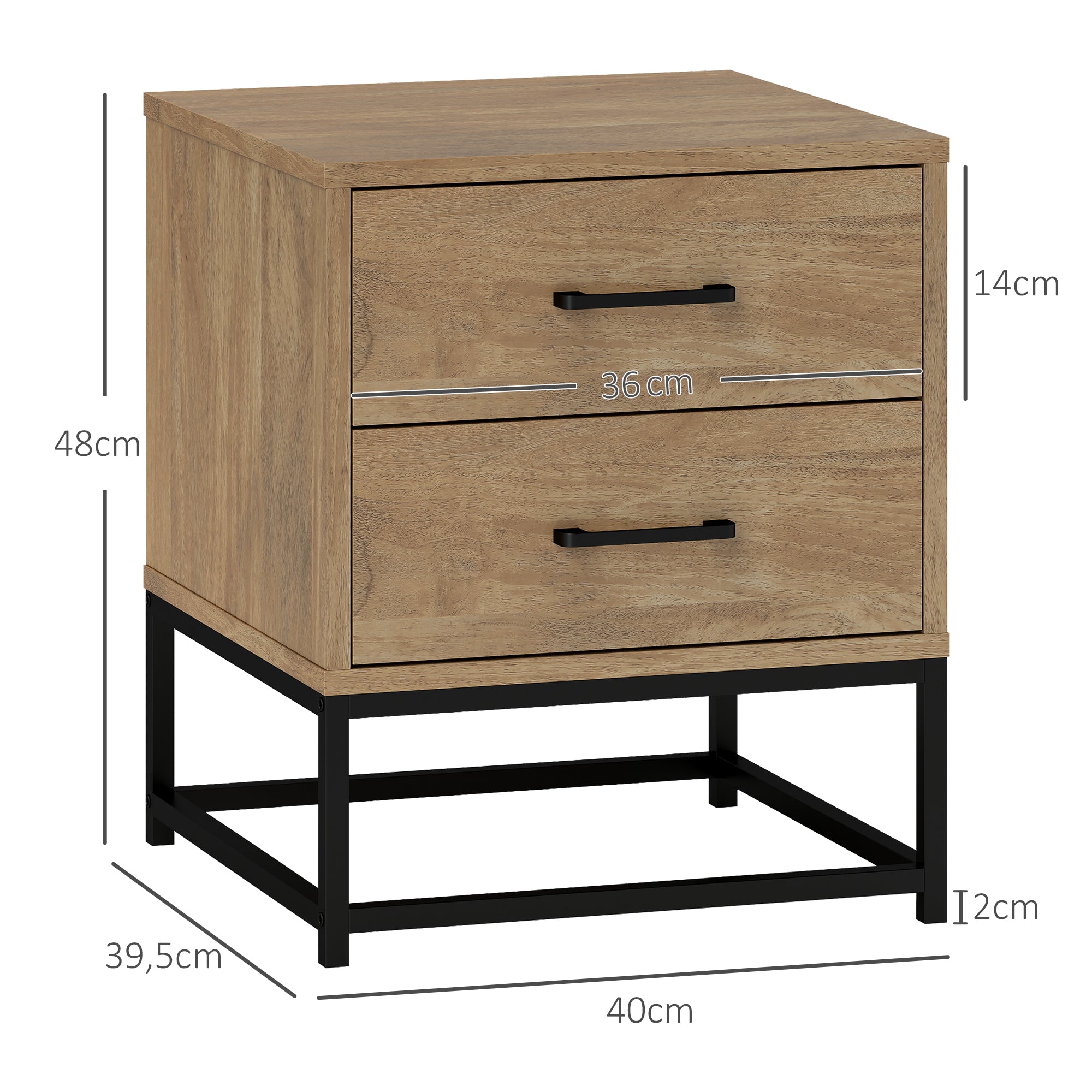 Lot de 2 tables de chevet table de nuit avec 2 tiroirs, table d'appoint style industriel pour chambre à coucher, salon, dim. 40 x 39,5 x 48 cm finition bois naturel