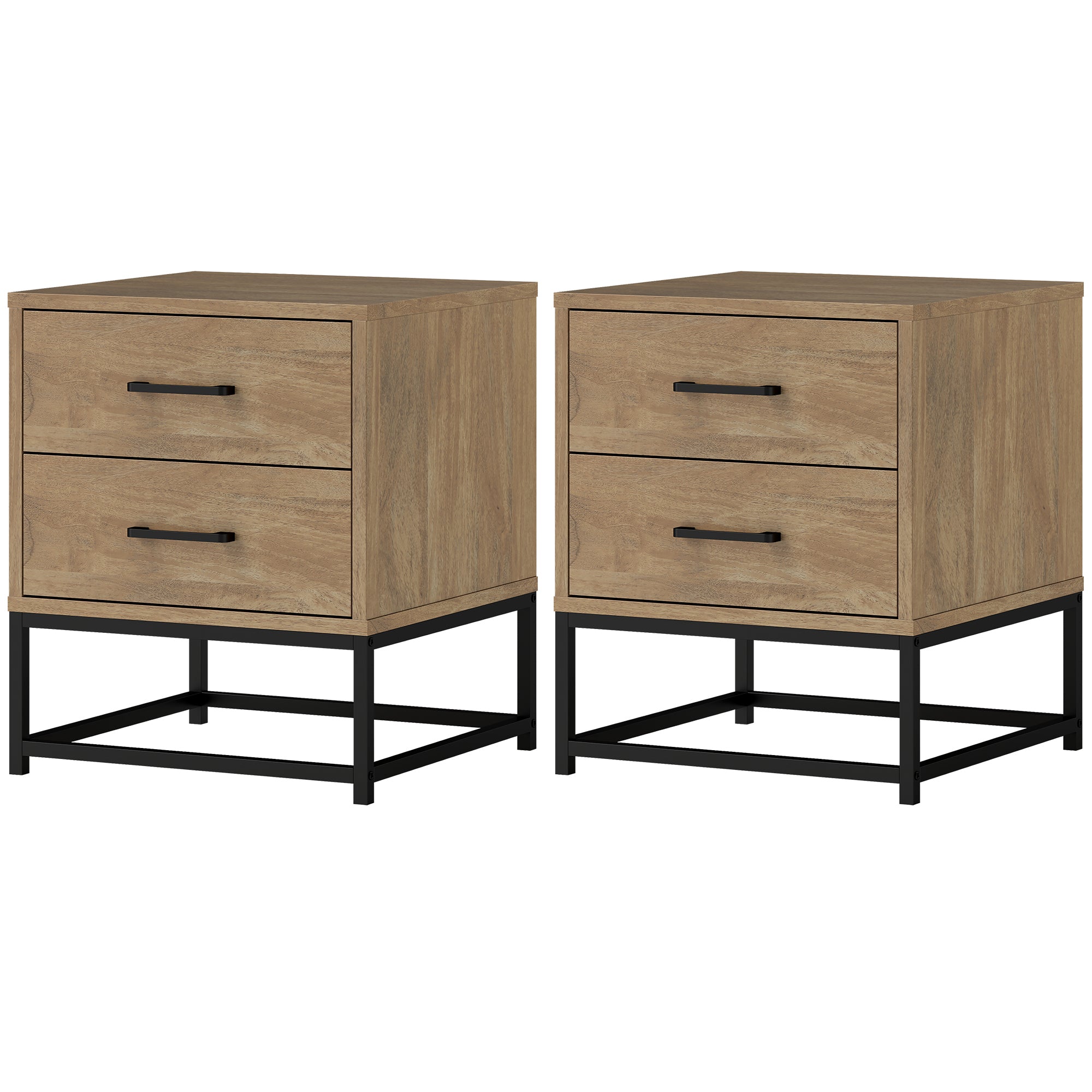 Lot de 2 tables de chevet table de nuit avec 2 tiroirs, table d'appoint style industriel pour chambre à coucher, salon, dim. 40 x 39,5 x 48 cm finition bois naturel