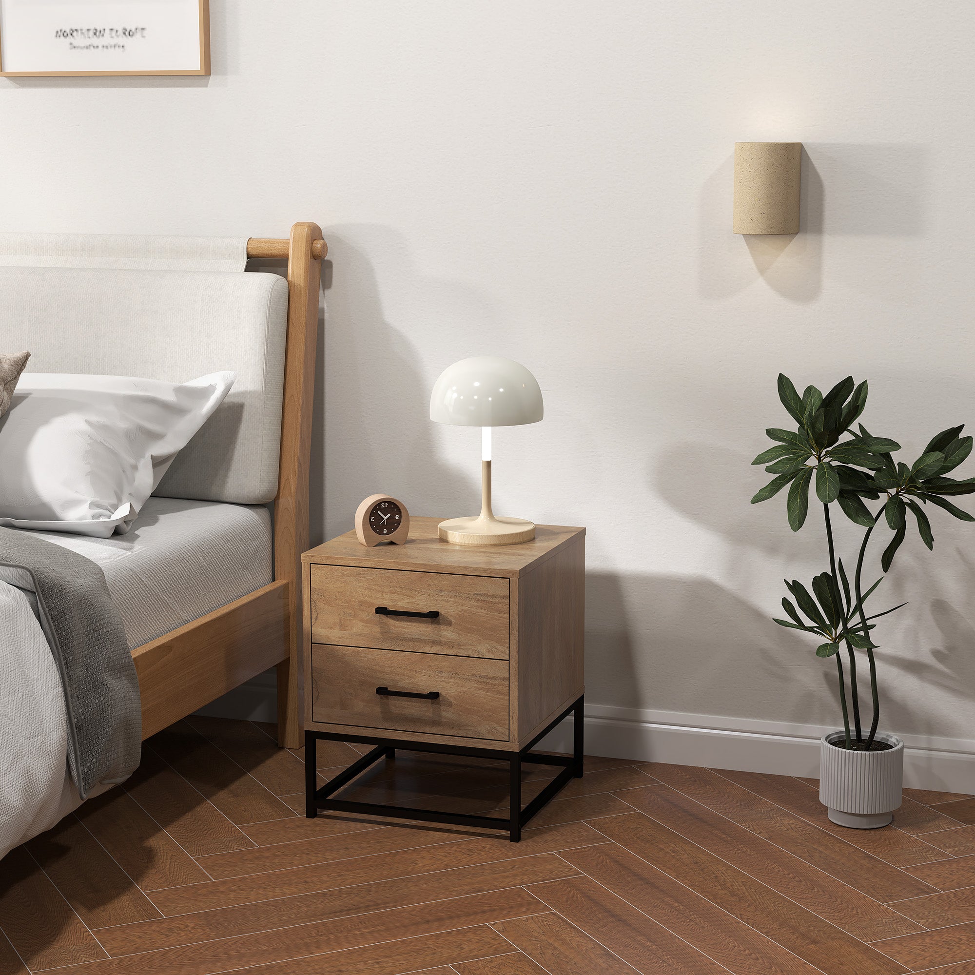 Lot de 2 tables de chevet table de nuit avec 2 tiroirs, table d'appoint style industriel pour chambre à coucher, salon, dim. 40 x 39,5 x 48 cm finition bois naturel