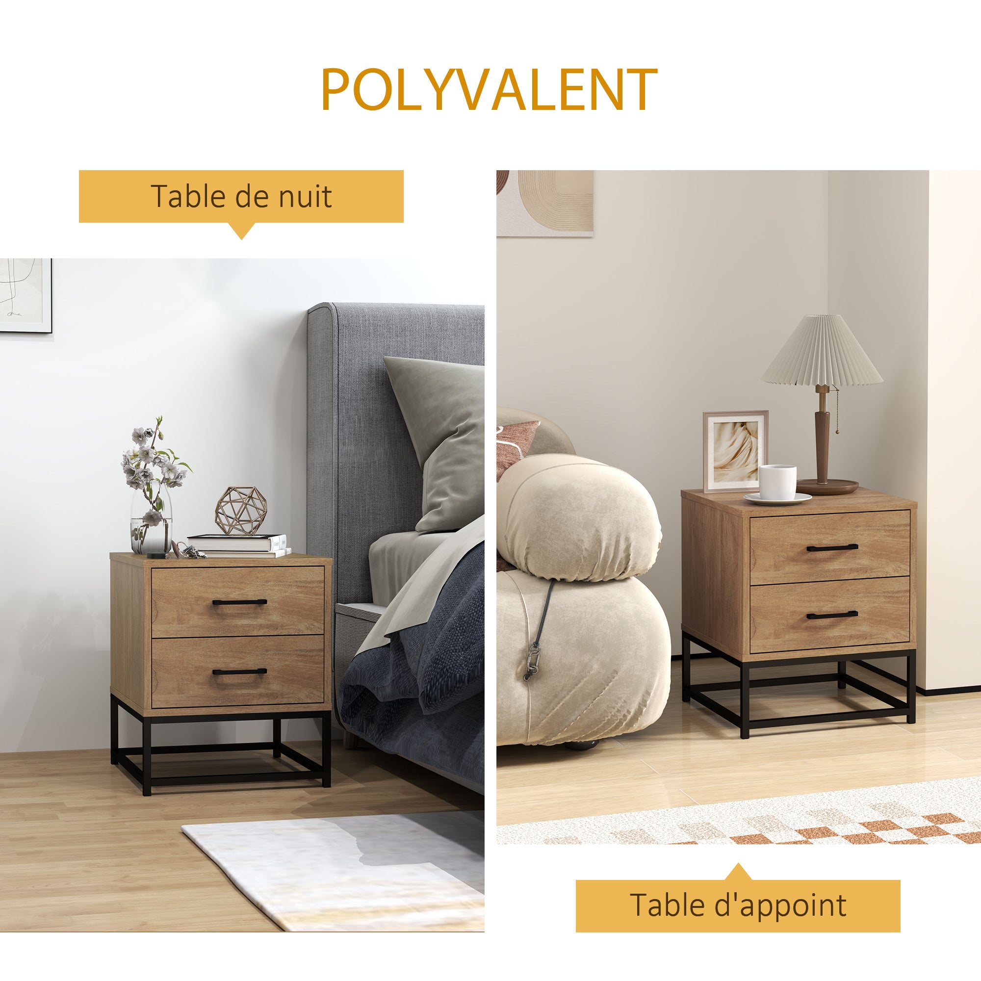 Lot de 2 tables de chevet table de nuit avec 2 tiroirs, table d'appoint style industriel pour chambre à coucher, salon, dim. 40 x 39,5 x 48 cm finition bois naturel
