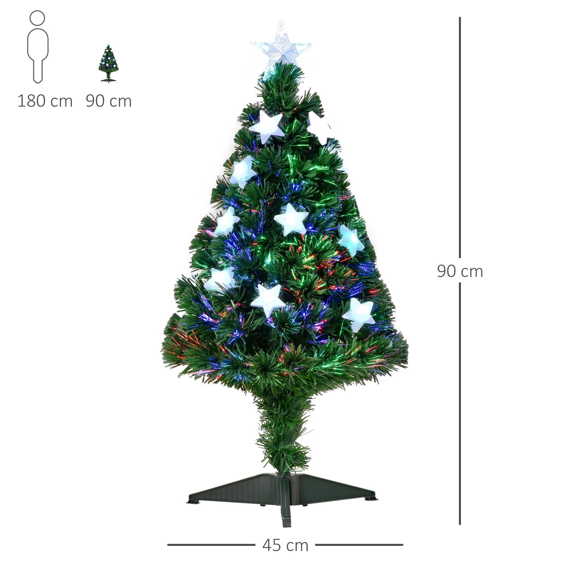 Sapin de Noël Artificiel Lumineux 90H cm Fibre Optique LED Multicolore + Support Pied 90 Branches étoile Sommet Brillante Vert