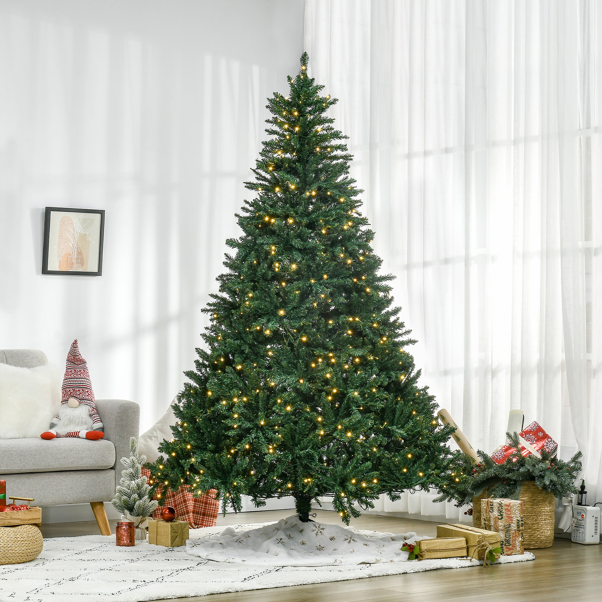 Sapin de Noël Artificiel Lumineux 210H cm LED x 700 Blanc Chaud + Support Pied 2154 Branches Vert