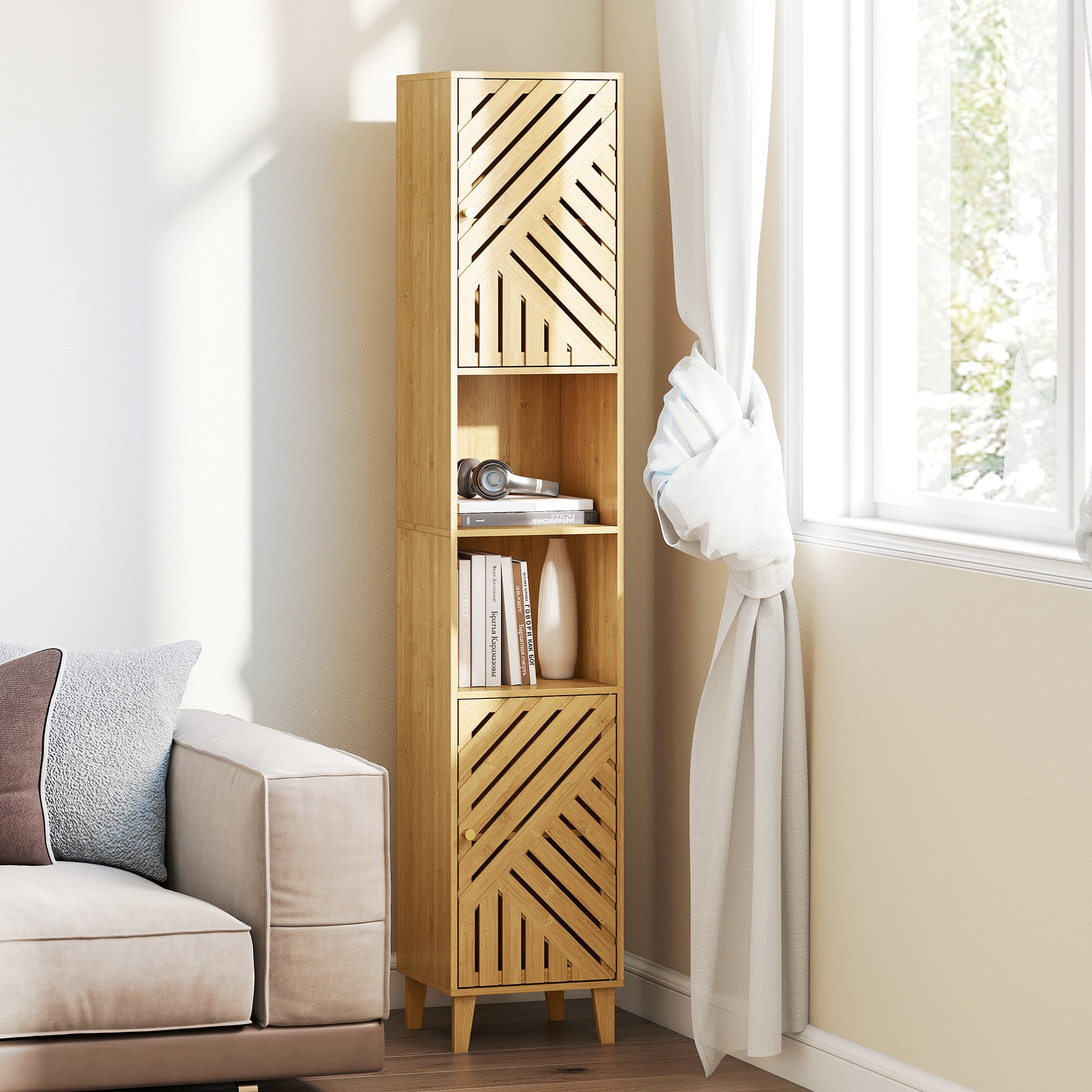Armoire salle de bain haute, meuble de rangement colonne, portes et pieds en bambou, niches ouvertes, étagères réglables, meuble étroit pour toilette, petits espaces, 32x30x170cm, bois naturel