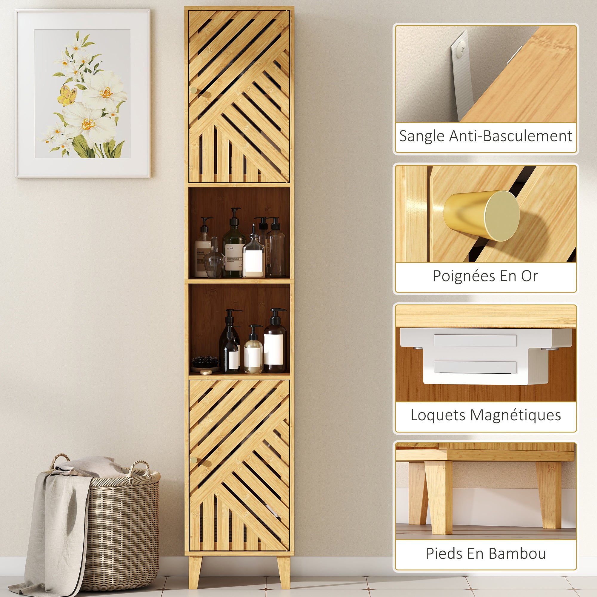 Armoire salle de bain haute, meuble de rangement colonne, portes et pieds en bambou, niches ouvertes, étagères réglables, meuble étroit pour toilette, petits espaces, 32x30x170cm, bois naturel