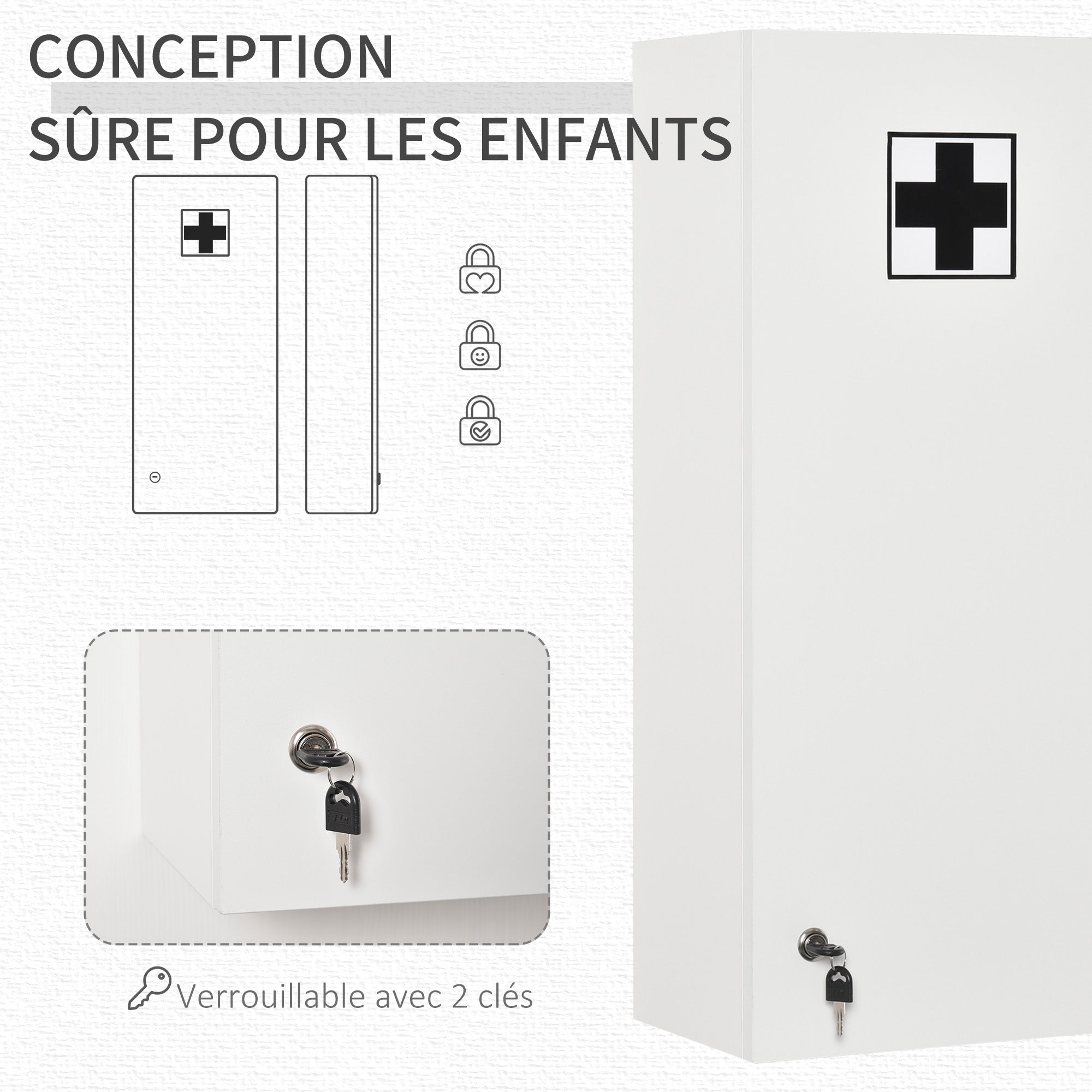 Armoire à pharmacie murale avec serrure, 5 étagères et tablettes réglables, bois et verre, blanc, 30x20x70cm