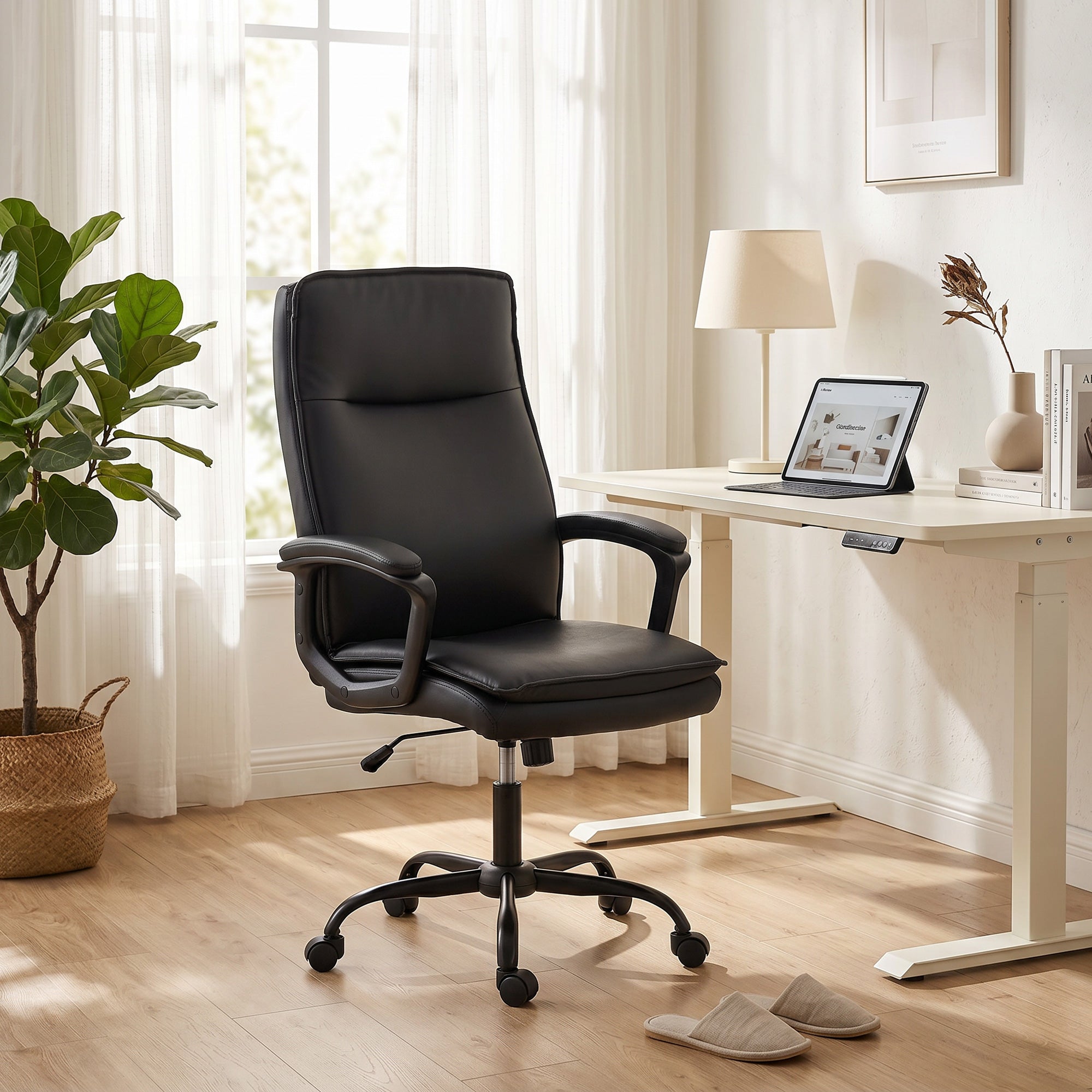 Chaise Bureau Ergonomique, Fauteuil de Bureau en PU, Hauteur Réglable, Fonction Bascule, Dossier Haut, Double Rembourrage, Travail Pivotante 360° pour Ordinateur, Noir