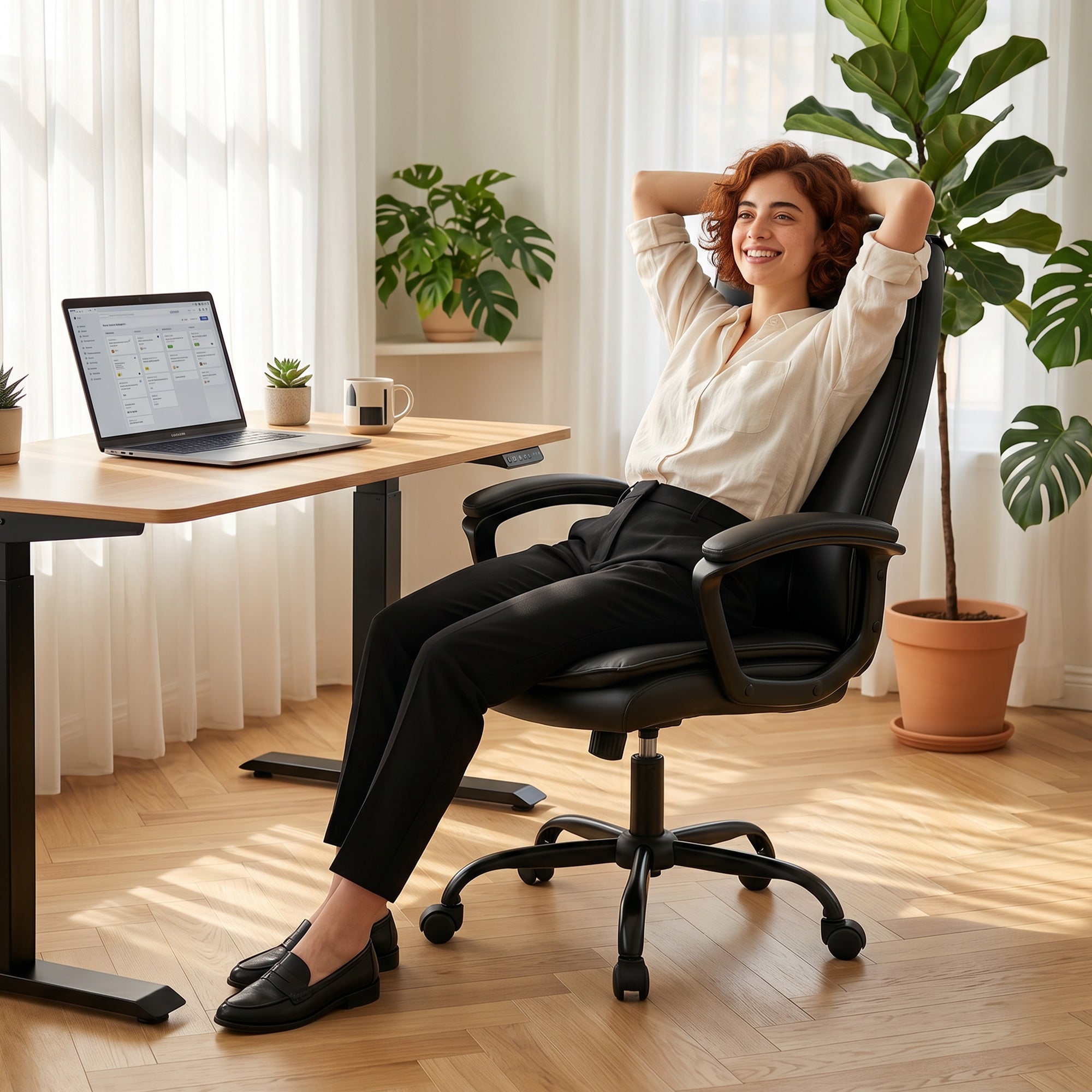 Chaise Bureau Ergonomique, Fauteuil de Bureau en PU, Hauteur Réglable, Fonction Bascule, Dossier Haut, Double Rembourrage, Travail Pivotante 360° pour Ordinateur, Noir