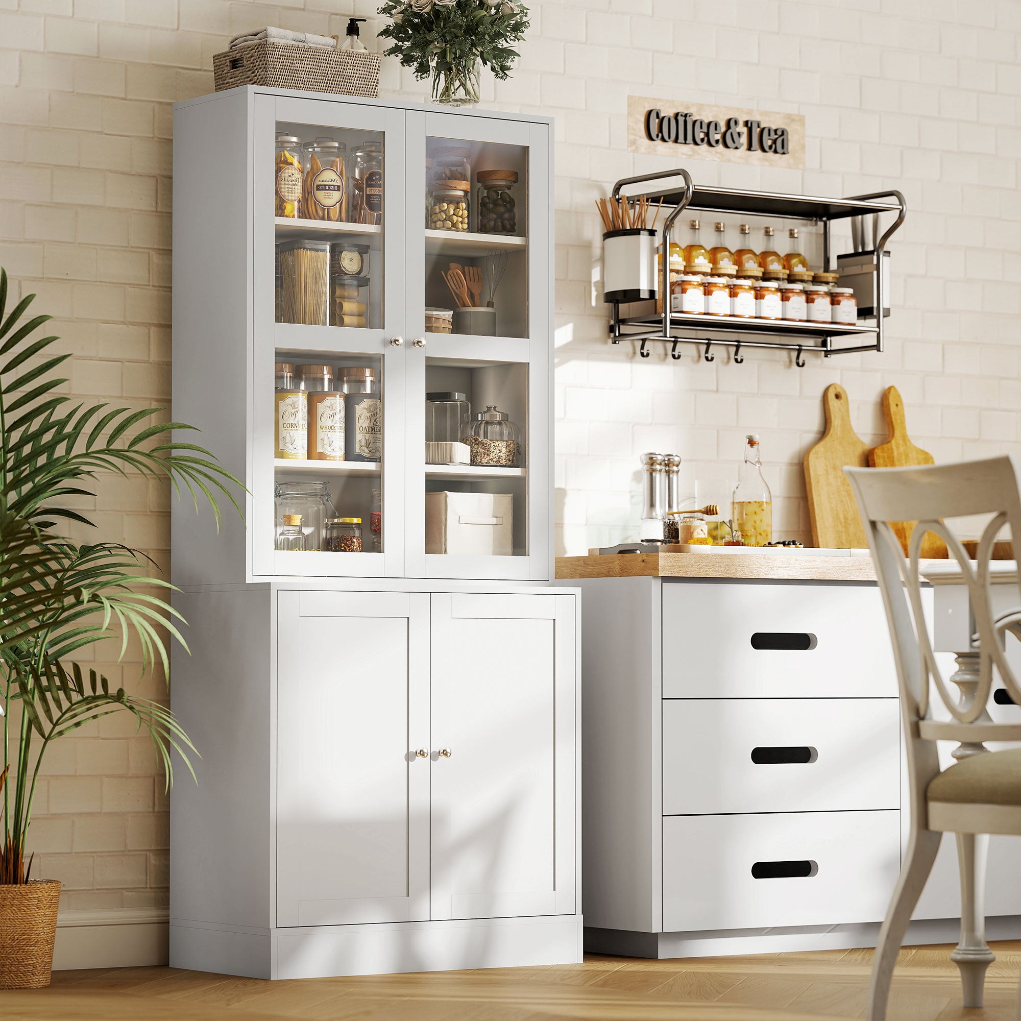 Bibliothèque vitrine, buffet salon, meuble de rangement avec 2 portes verre, 2 portes bois, 4 étagères réglables, pour salon, bureau, chambre, blanc