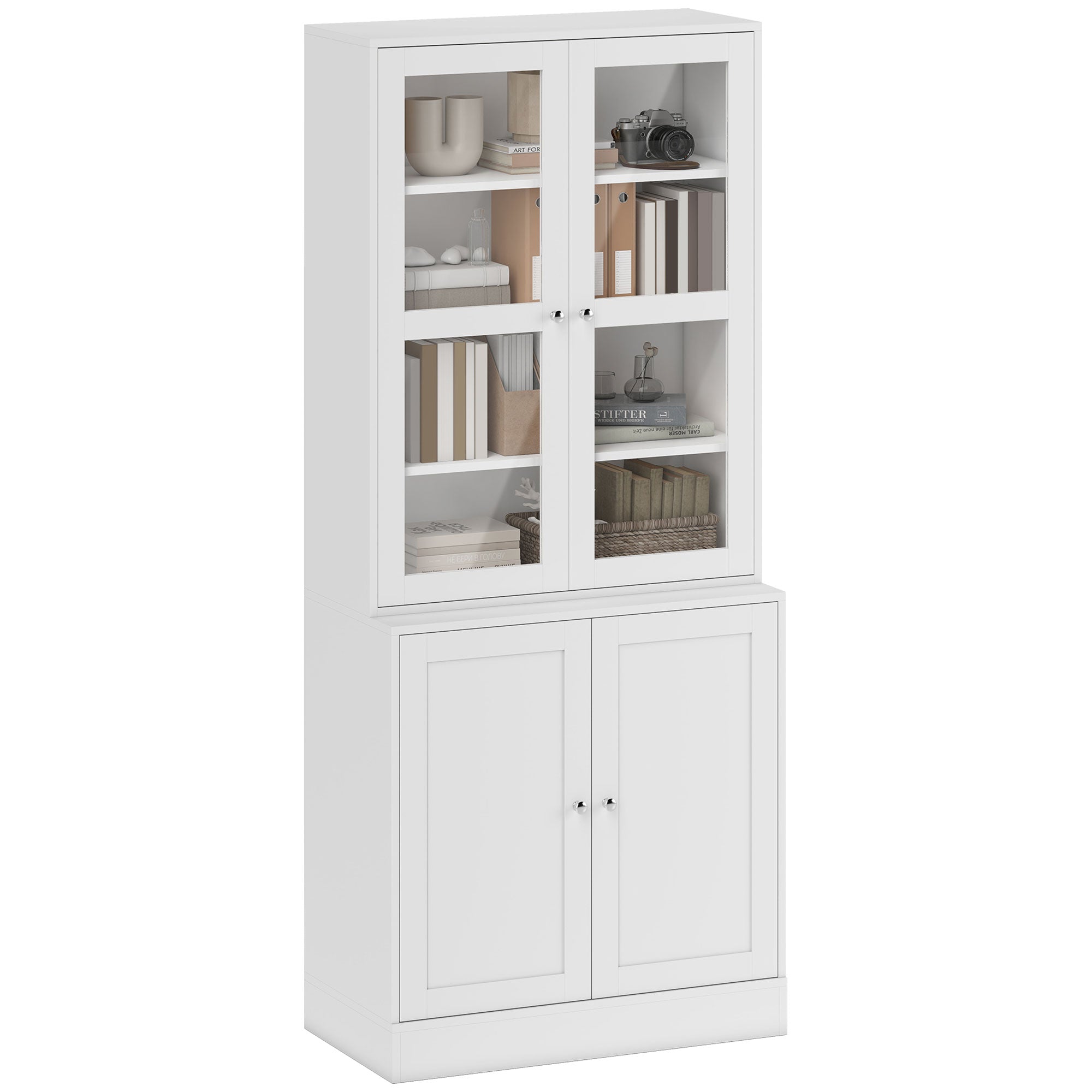 Bibliothèque vitrine, buffet salon, meuble de rangement avec 2 portes verre, 2 portes bois, 4 étagères réglables, pour salon, bureau, chambre, blanc