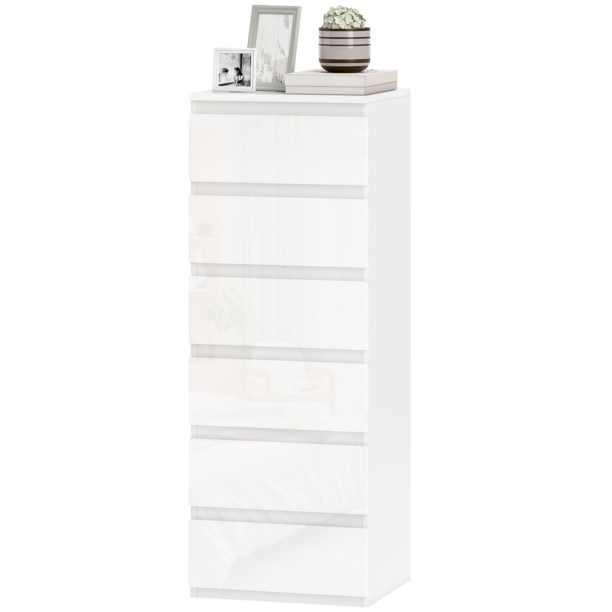 Commode 6 tiroirs à haute brillance, meuble de rangement étroit sans poignées, chiffonnier, style moderne, commode pour chambre à coucher, salon, couloir, 40 x 35 x 109 cm, blanc