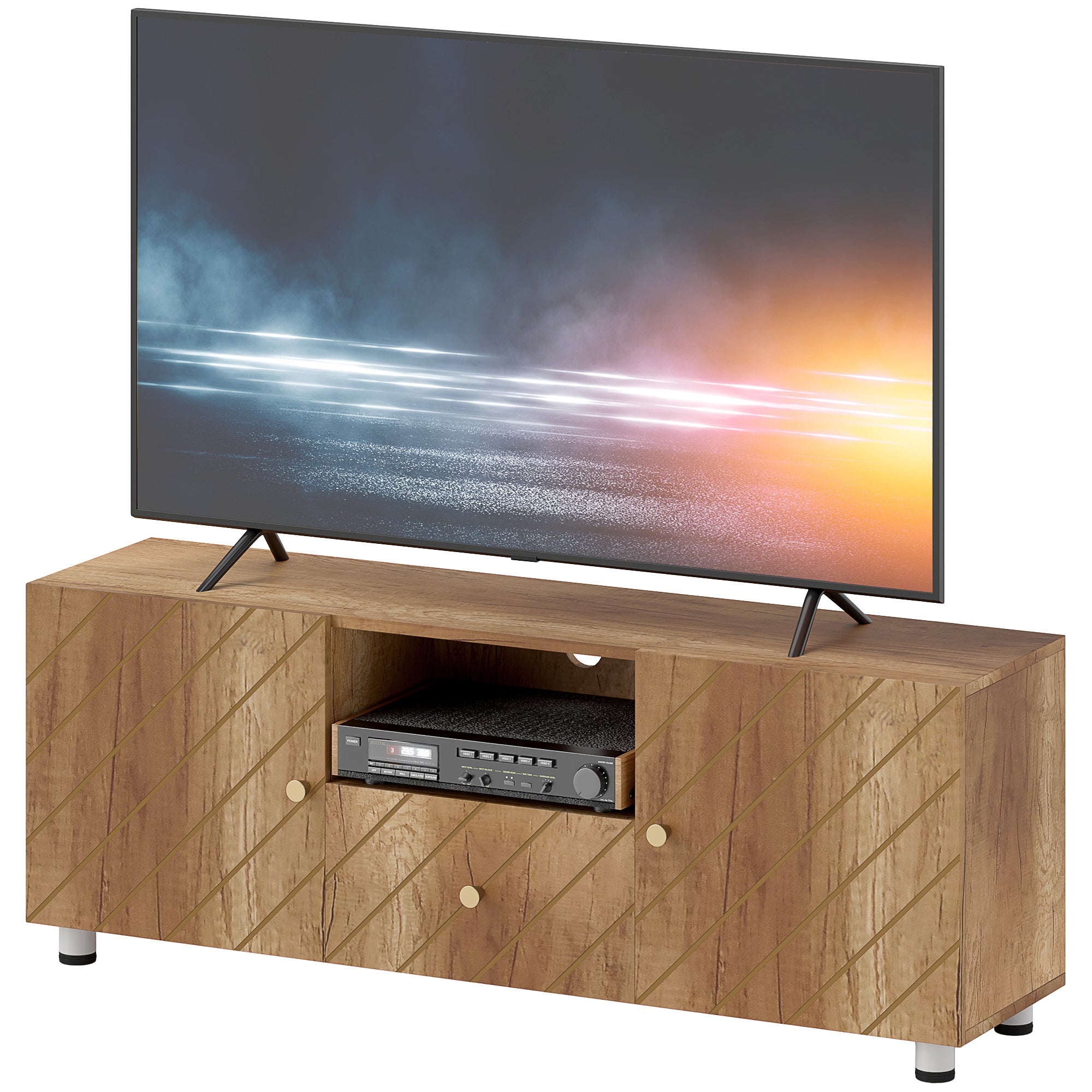 Meuble TV meuble télé bois banc TV pour téléviseur jusqu'à 50 pouces avec 2 placards et compartiment ouvert et tiroir pour salon chambre à coucher, 120 x 30 x 45 cm, bois naturel