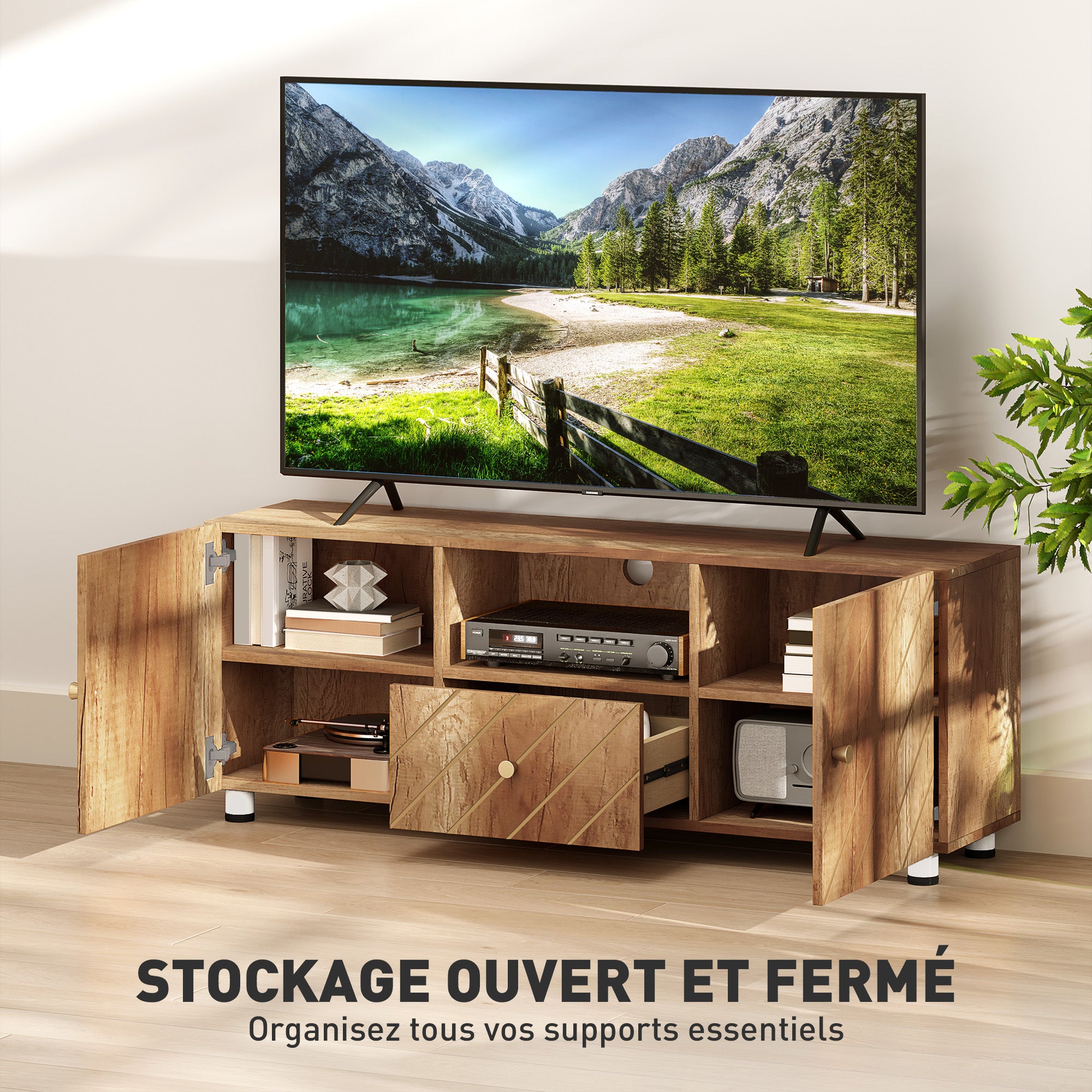 Meuble TV meuble télé bois banc TV pour téléviseur jusqu'à 50 pouces avec 2 placards et compartiment ouvert et tiroir pour salon chambre à coucher, 120 x 30 x 45 cm, bois naturel