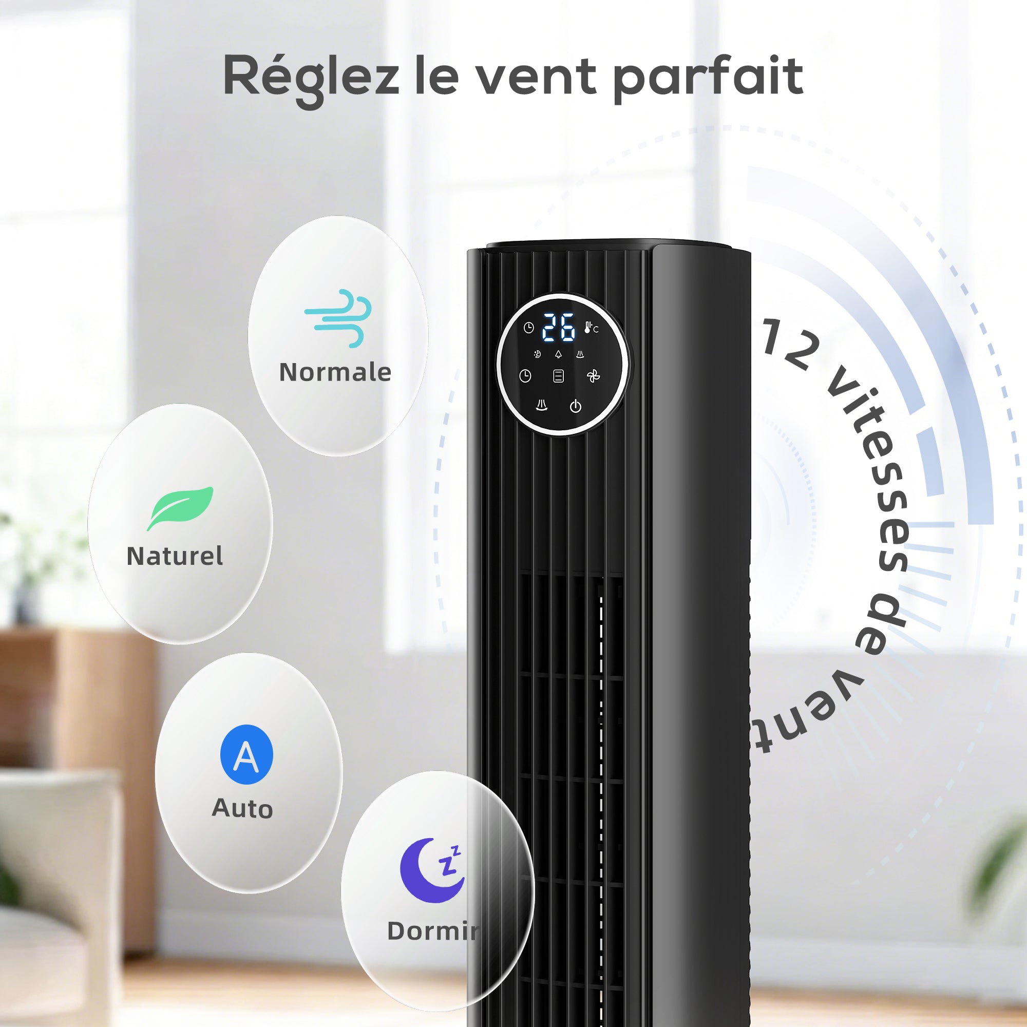 Ventilateur colonne silencieux 28dB, vitesse 8m/s, ventilateur tour pour chambre, 90,5cm de haut, oscillant à 80°, écran LED, télécommande, 12 vitesses, 4 modes, minuterie 12H, noir