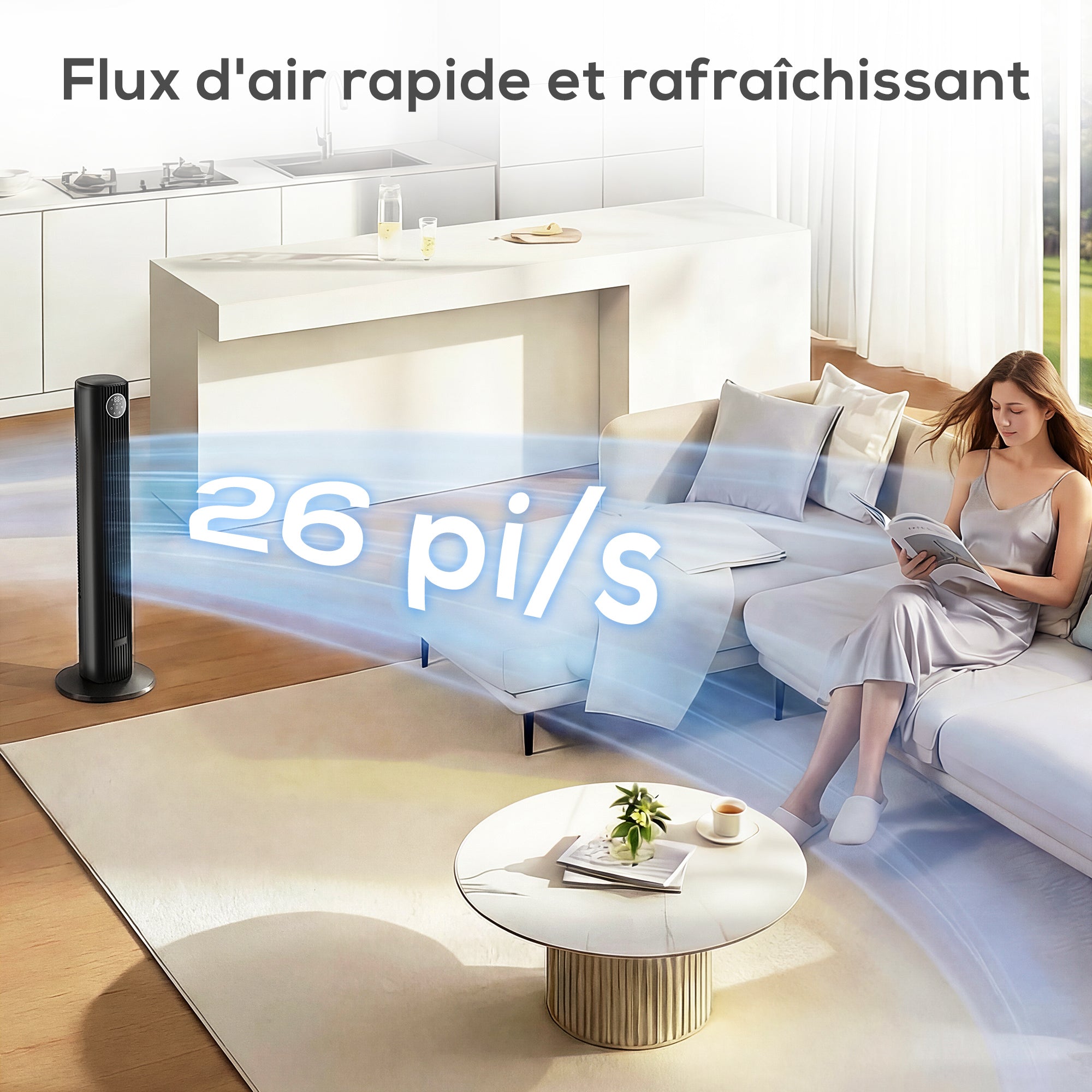 Ventilateur colonne silencieux 28dB, vitesse 8m/s, ventilateur tour pour chambre, 90,5cm de haut, oscillant à 80°, écran LED, télécommande, 12 vitesses, 4 modes, minuterie 12H, noir