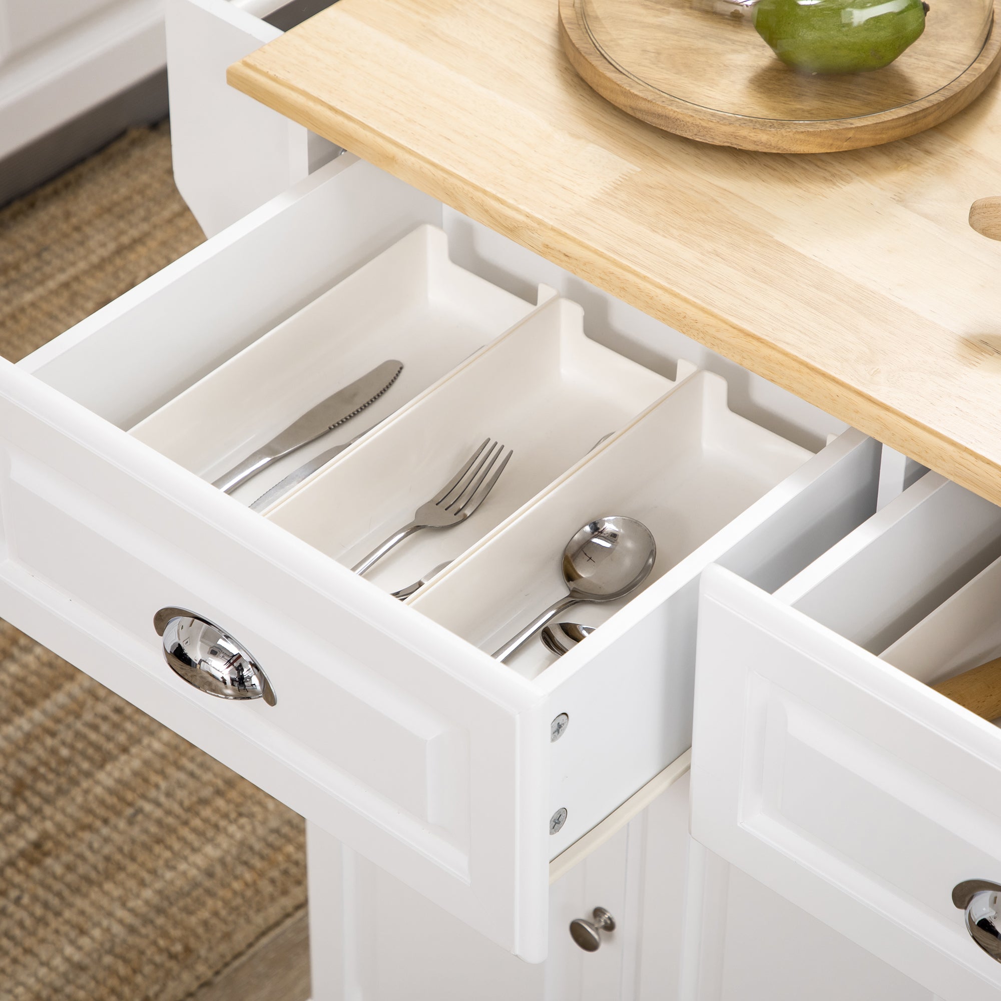 Ilot de cuisine Chariot de cuisine à roulettes Desserte polyvalent avec 2 tiroirs 3 portes Porte-serviettes et porte-épices pour salle à manger dim. 110L x 45l x 91H cm Blanc