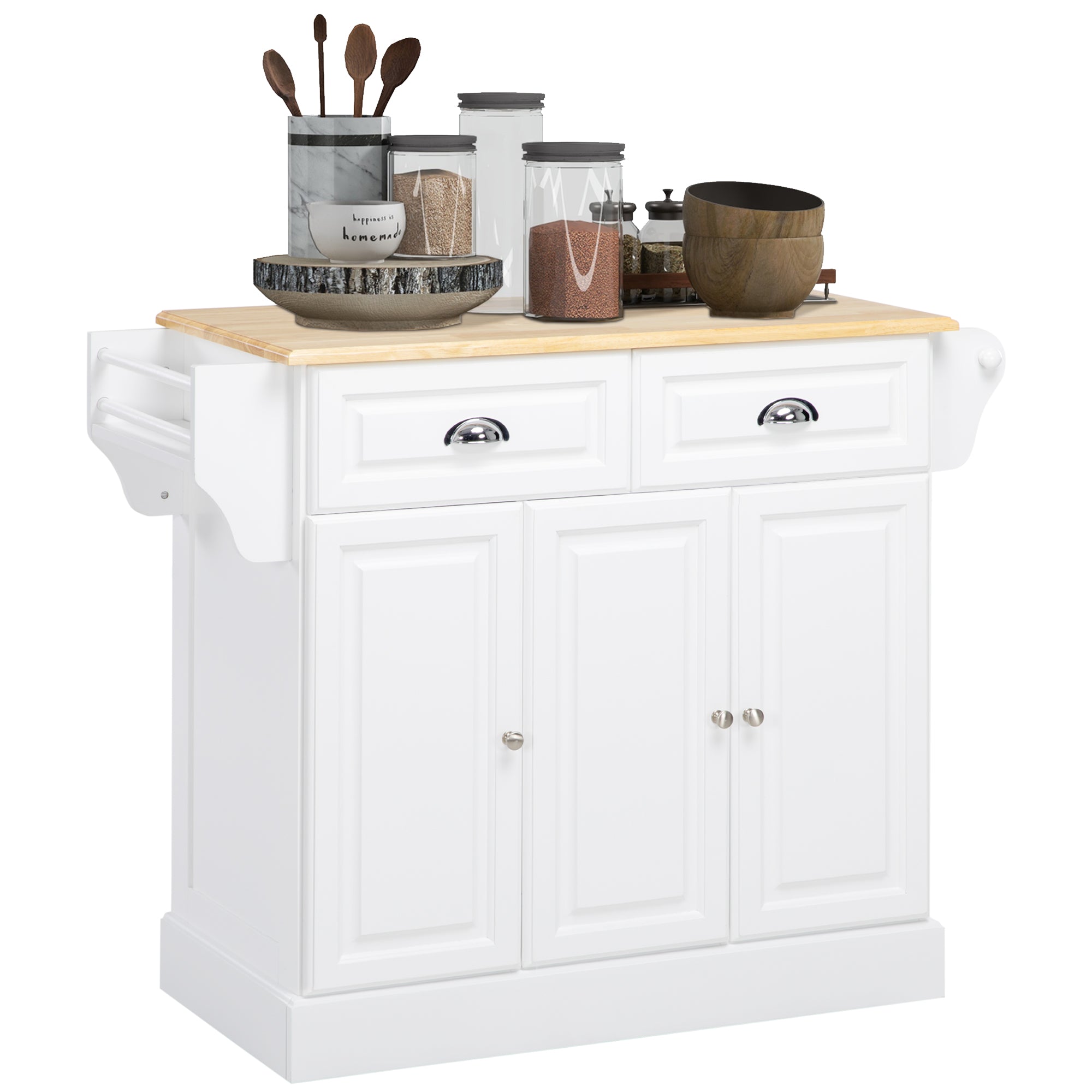Ilot de cuisine Chariot de cuisine à roulettes Desserte polyvalent avec 2 tiroirs 3 portes Porte-serviettes et porte-épices pour salle à manger dim. 110L x 45l x 91H cm Blanc