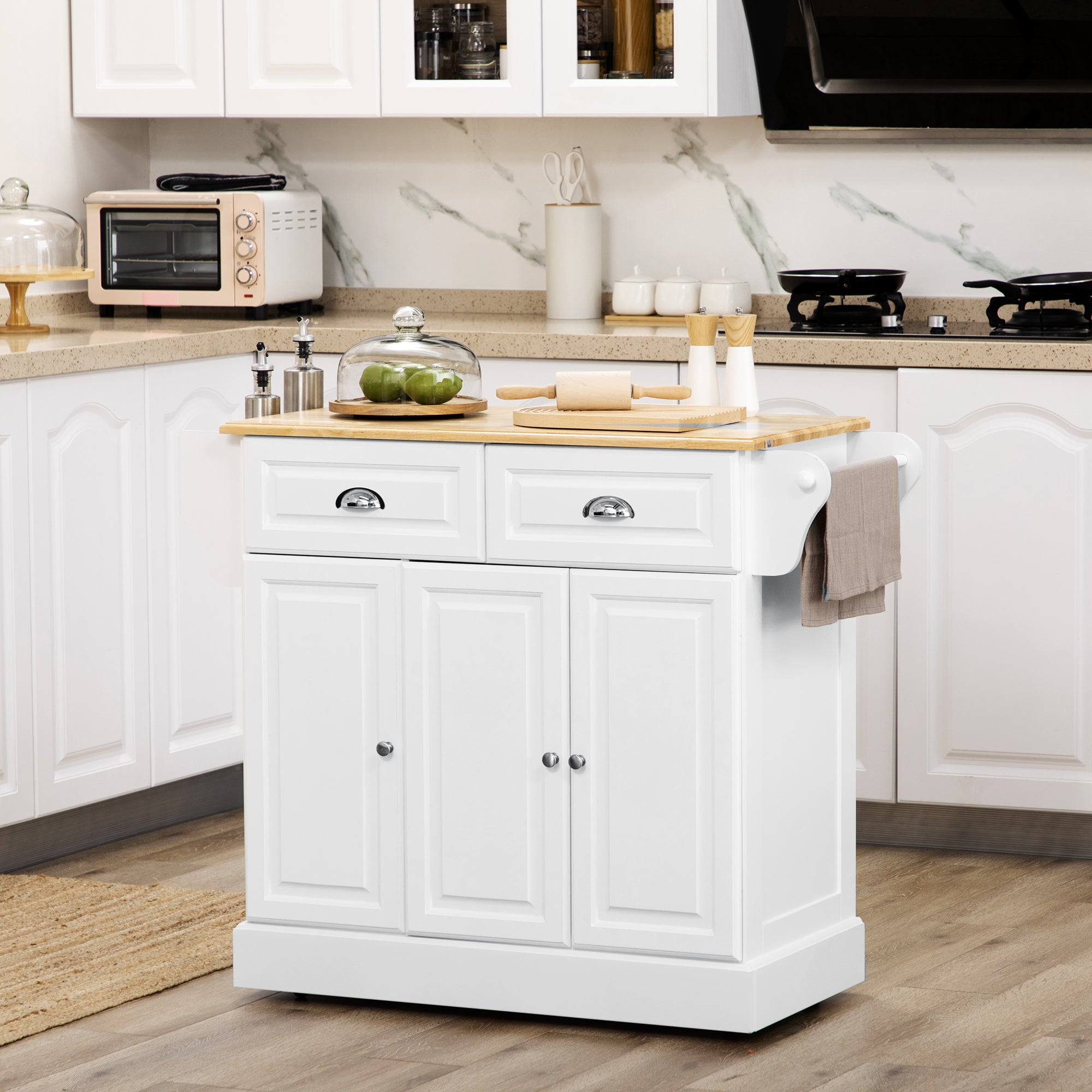 Ilot de cuisine Chariot de cuisine à roulettes Desserte polyvalent avec 2 tiroirs 3 portes Porte-serviettes et porte-épices pour salle à manger dim. 110L x 45l x 91H cm Blanc