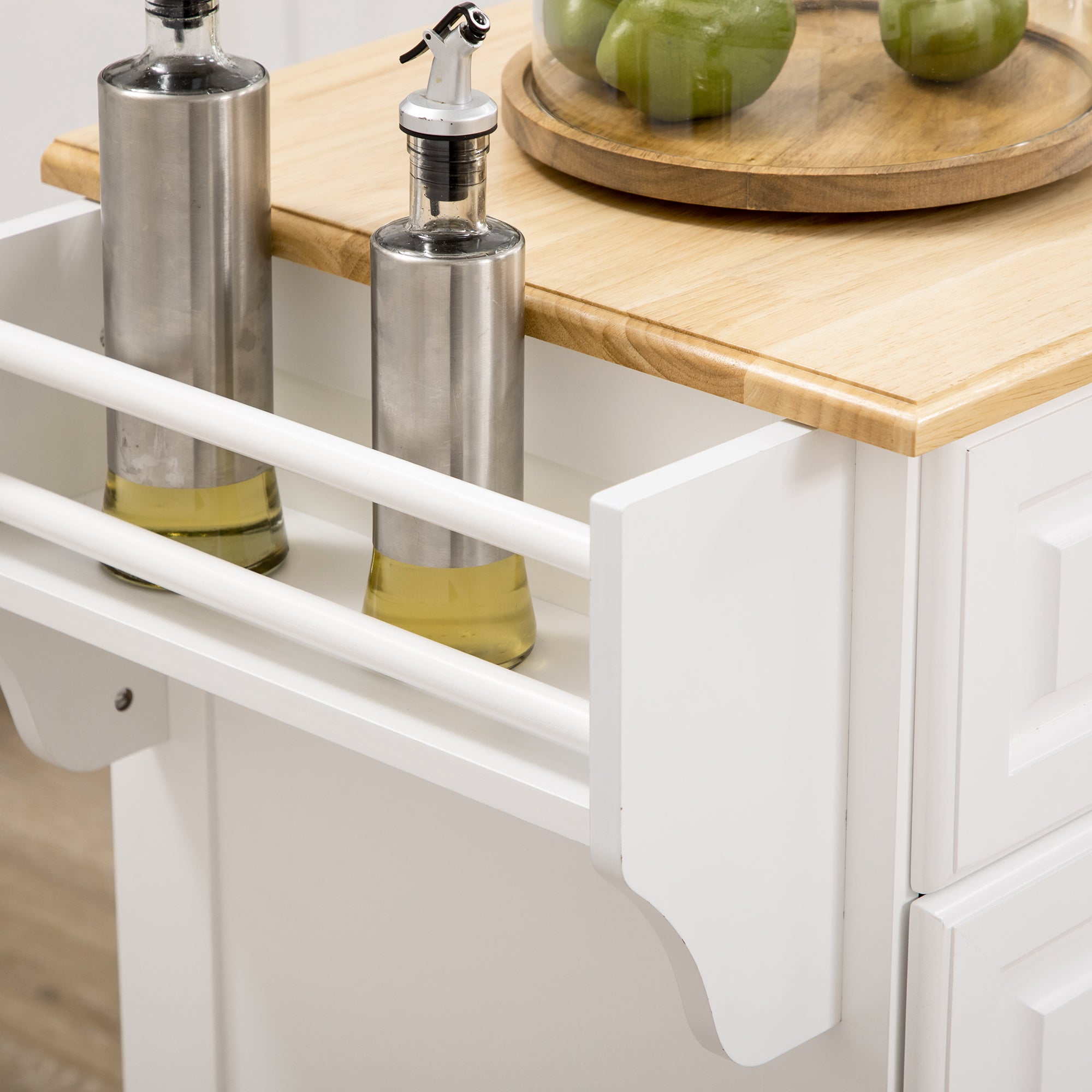 Ilot de cuisine Chariot de cuisine à roulettes Desserte polyvalent avec 2 tiroirs 3 portes Porte-serviettes et porte-épices pour salle à manger dim. 110L x 45l x 91H cm Blanc