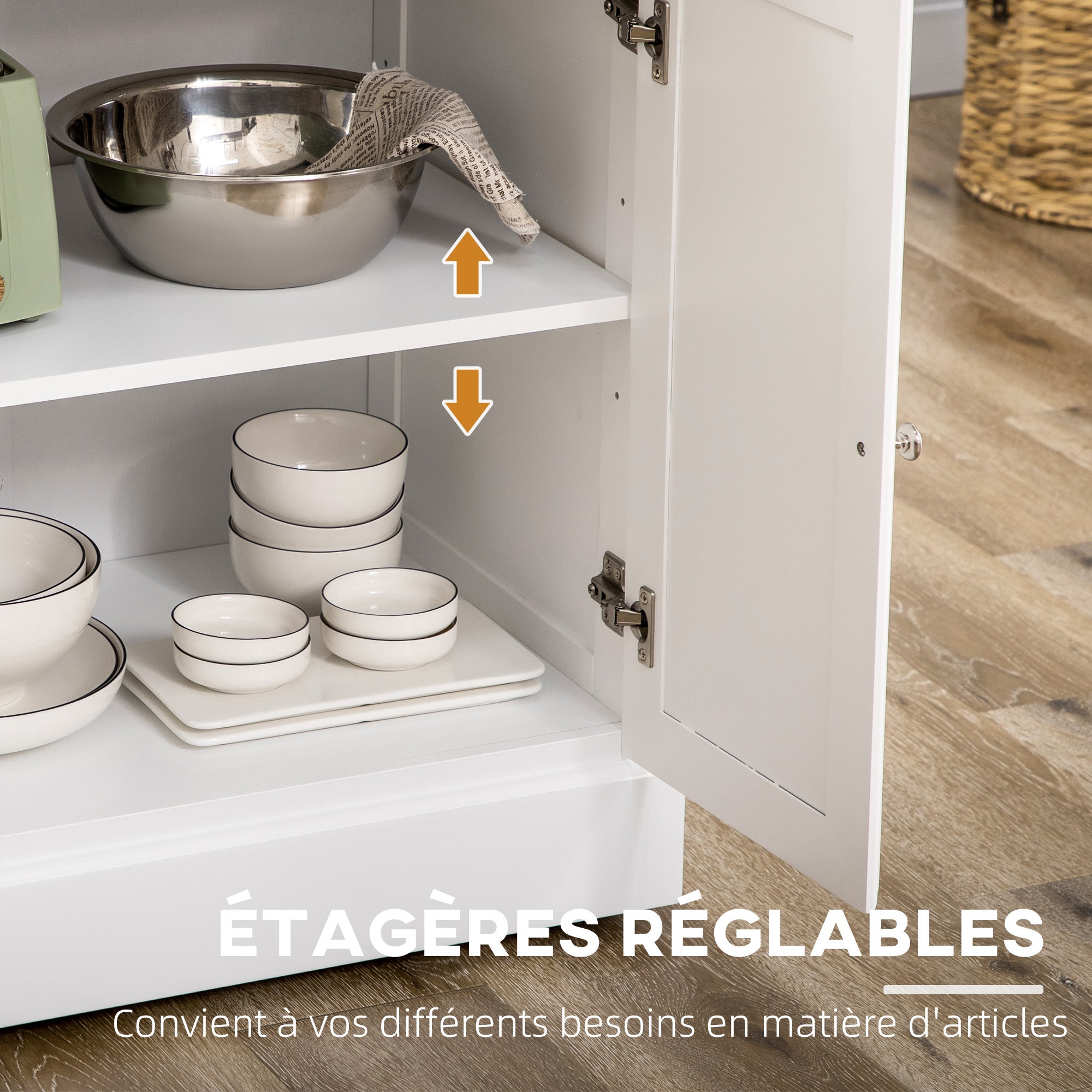 Ilot de cuisine Chariot de cuisine à roulettes Desserte polyvalent avec 2 tiroirs 3 portes Porte-serviettes et porte-épices pour salle à manger dim. 110L x 45l x 91H cm Blanc