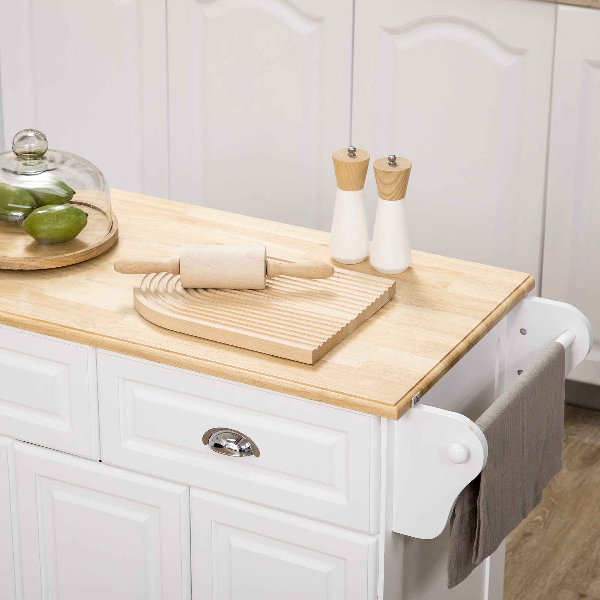 Ilot de cuisine Chariot de cuisine à roulettes Desserte polyvalent avec 2 tiroirs 3 portes Porte-serviettes et porte-épices pour salle à manger dim. 110L x 45l x 91H cm Blanc