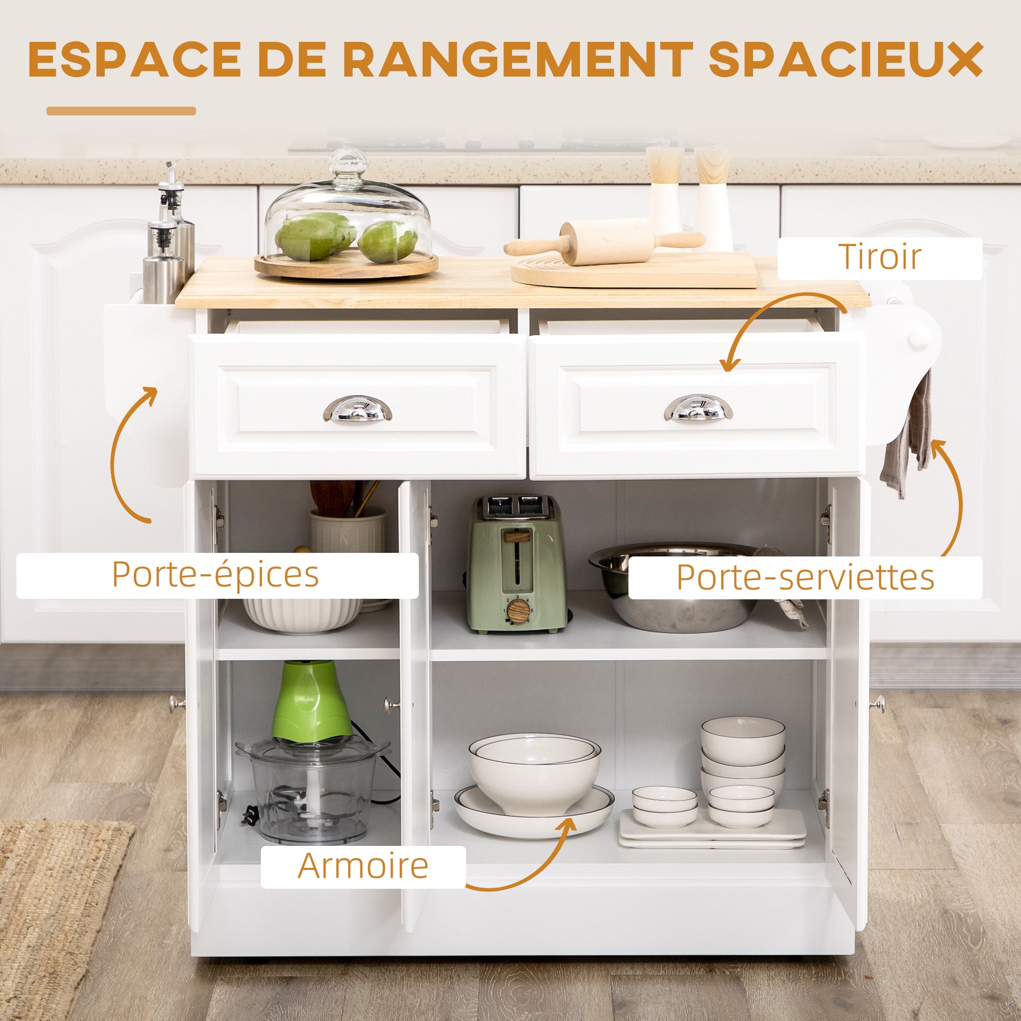 Ilot de cuisine Chariot de cuisine à roulettes Desserte polyvalent avec 2 tiroirs 3 portes Porte-serviettes et porte-épices pour salle à manger dim. 110L x 45l x 91H cm Blanc