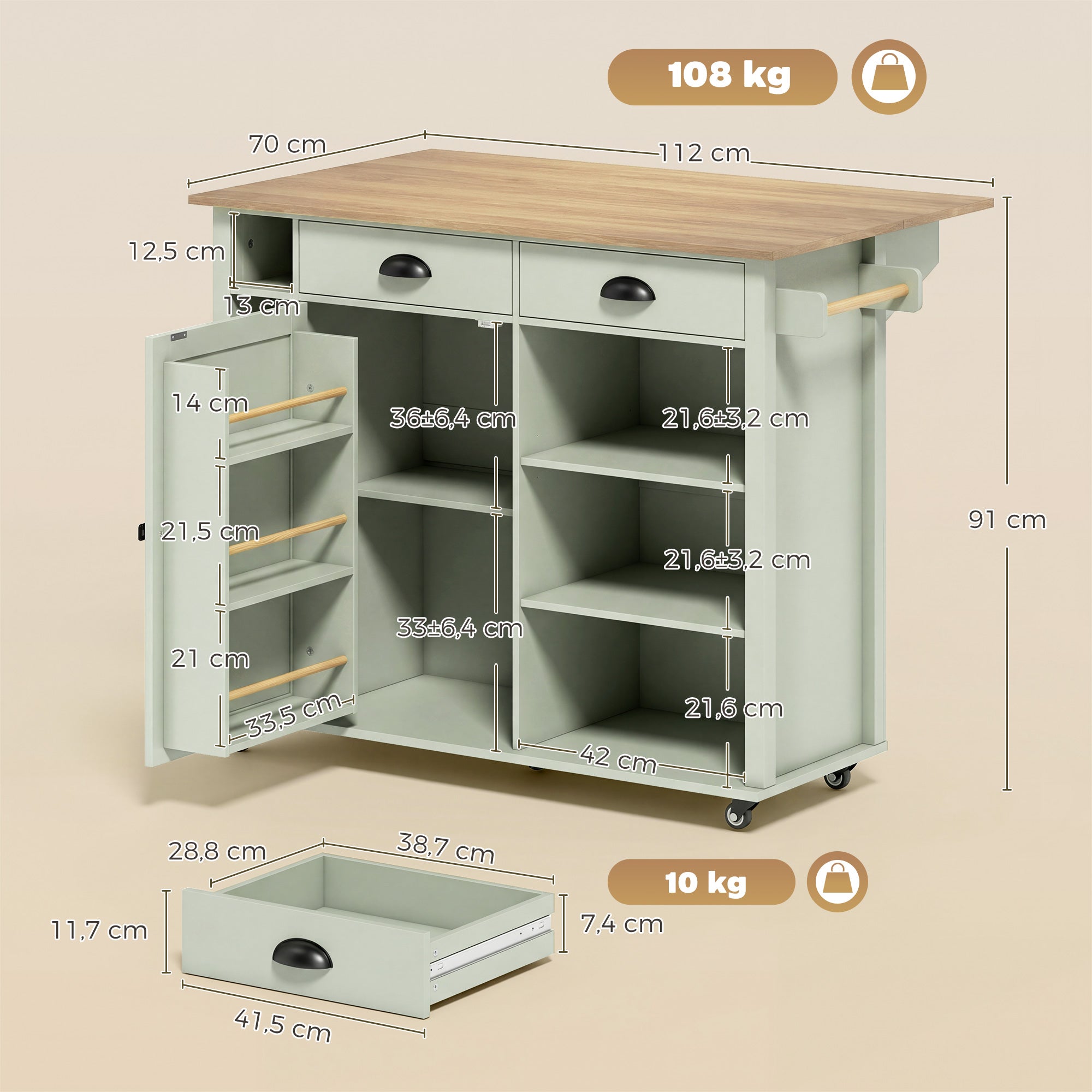 Îlot Central Cuisine avec Plateau Pliant, Desserte de Cuisine sur Roulettes avec Placard, 2 Tiroirs, Porte-Serviettes, Étagère Réglable, Compartimentss ouverts, 117,5 x 70 x 91 cm, Vert Clair