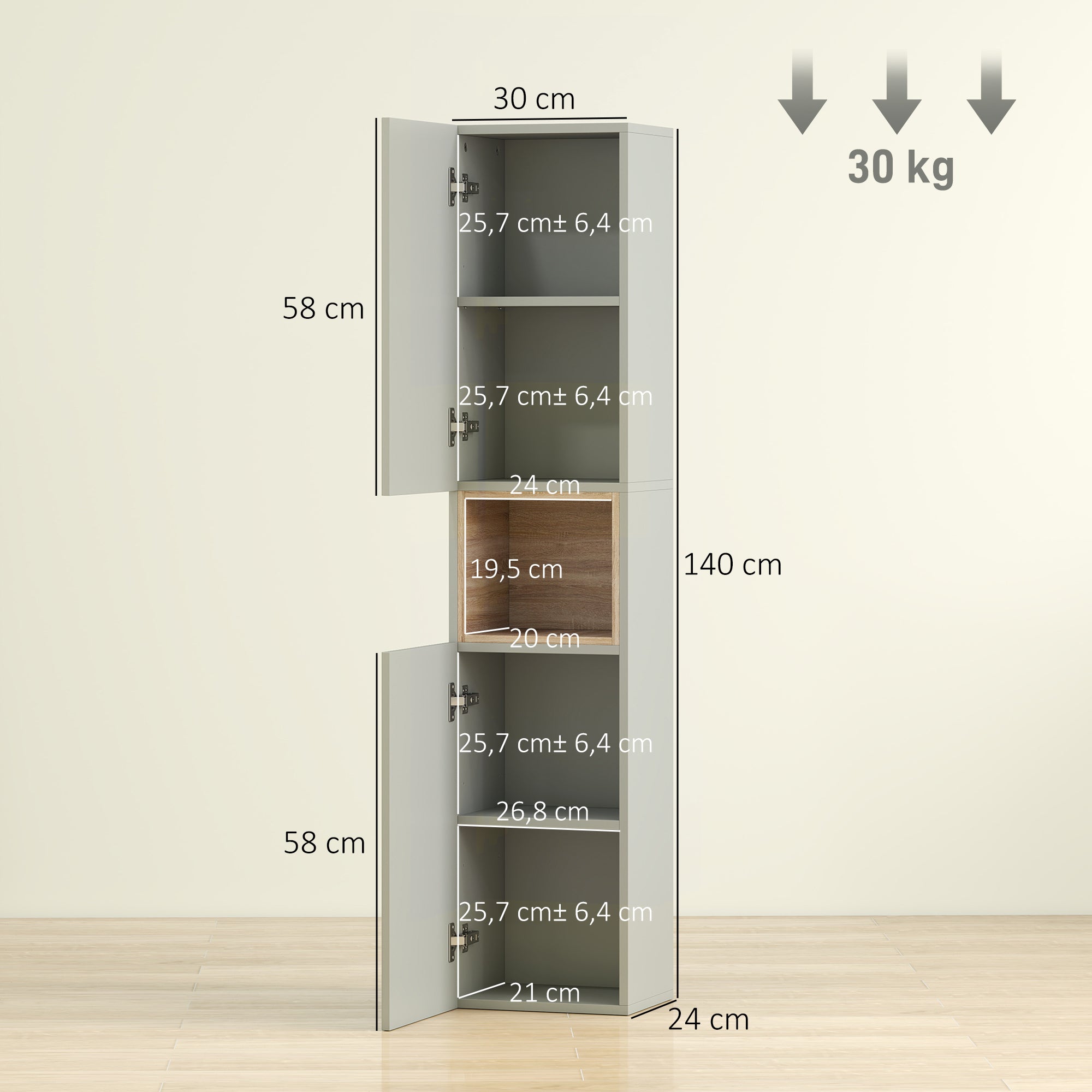 Meuble colonne salle de bain, meuble de rangement étroit avec 2 portes, compartiment ouvert et étagères réglables, pour toilette, petits espaces, 30 x 24 x 140 cm, vert