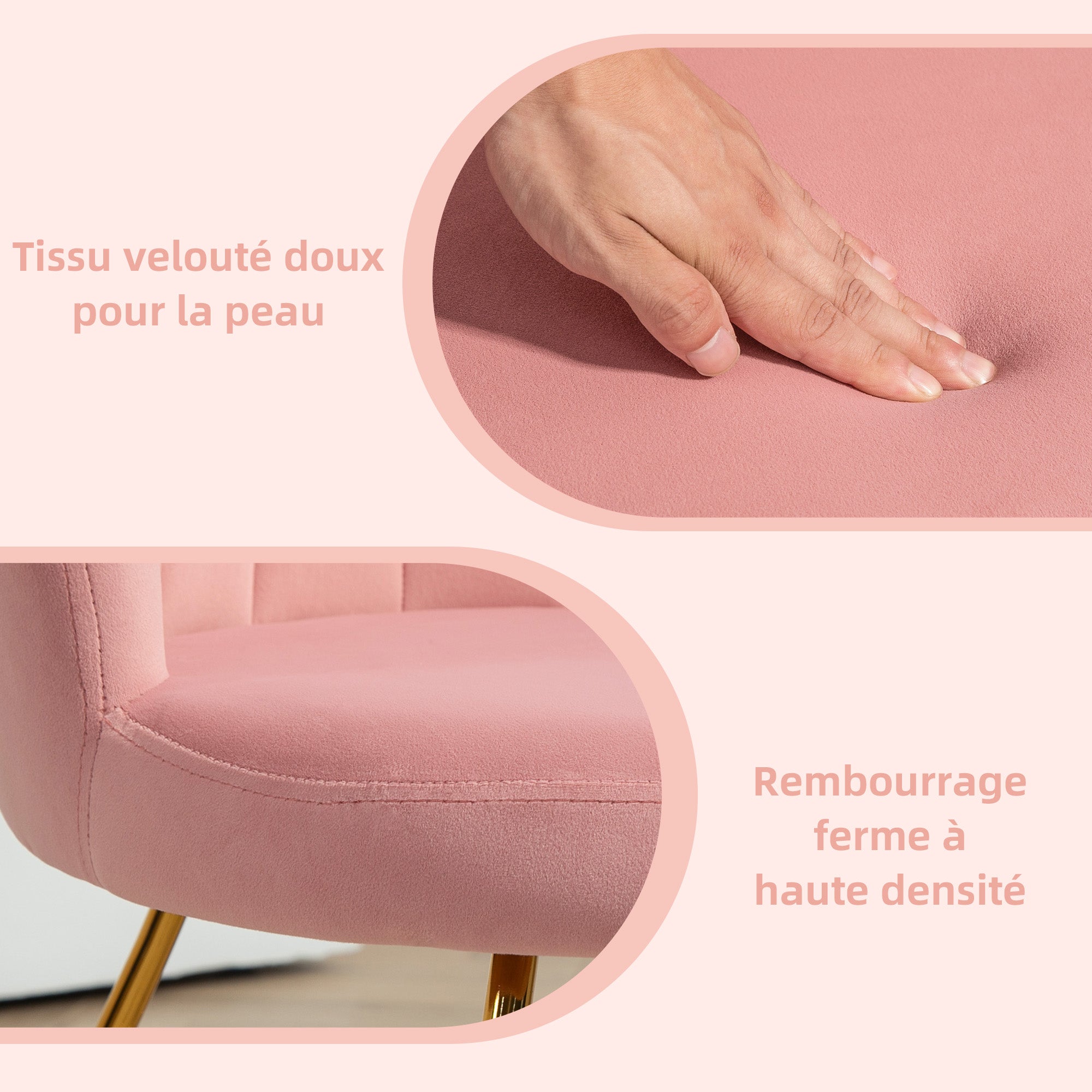 Fauteuil coquillage chaise coiffeuse fauteuil en velours fauteuil de salon avec pieds en acier pour salon et chambre 69 x 64 x 80 cm rose