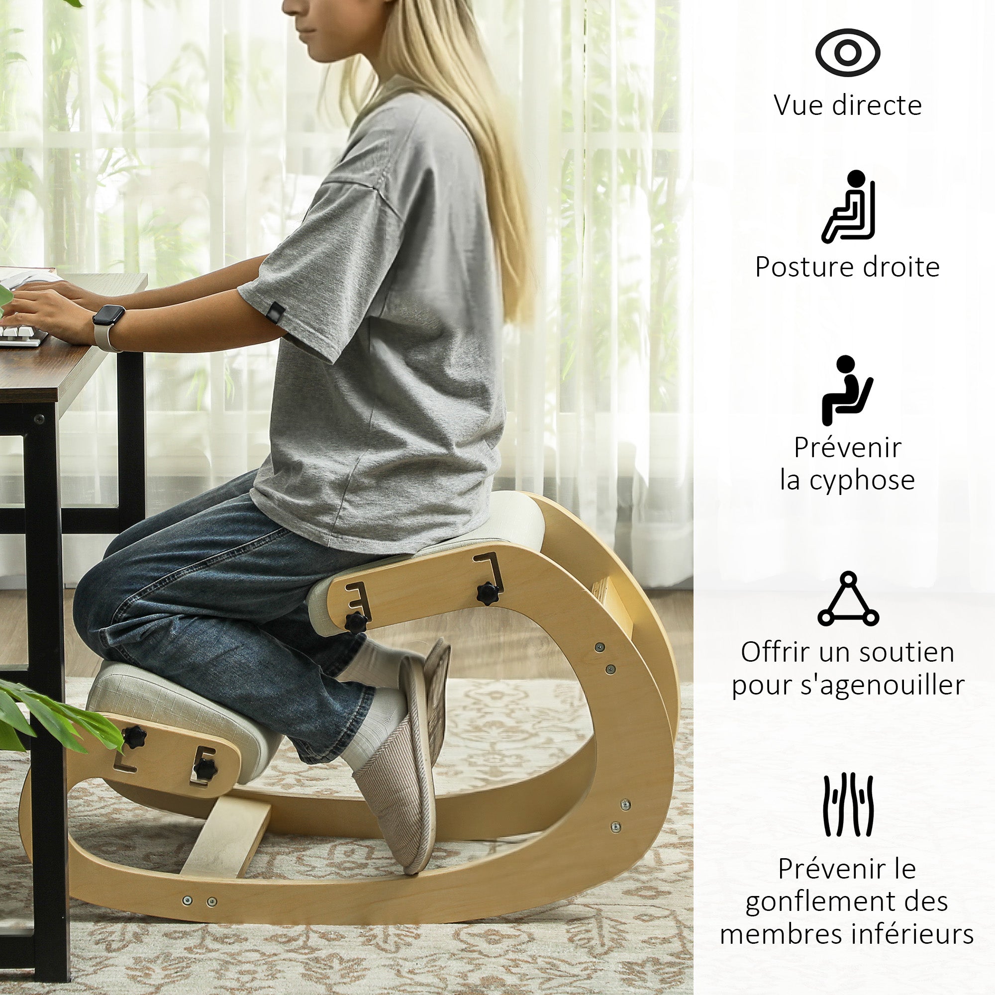 Siège assis genoux, siège ergonomique en bois à bascule, chaise à genoux réglable pour bureau à domicile, améliorer la posture, maux de dos, crème