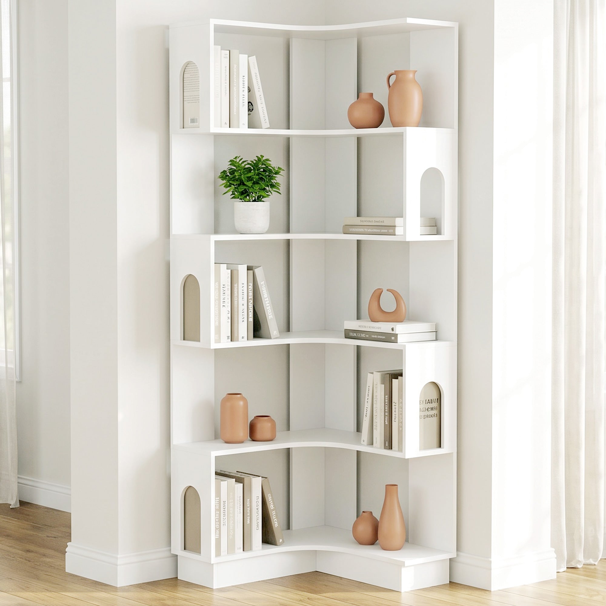 Bibliothèque d'angle, étagère de rangement à 6 niveaux avec panneaux latéraux arqués, style moderne, meuble de rangement pour bureau, salon, chambre, 60 x 60 x 165,5 cm, blanc