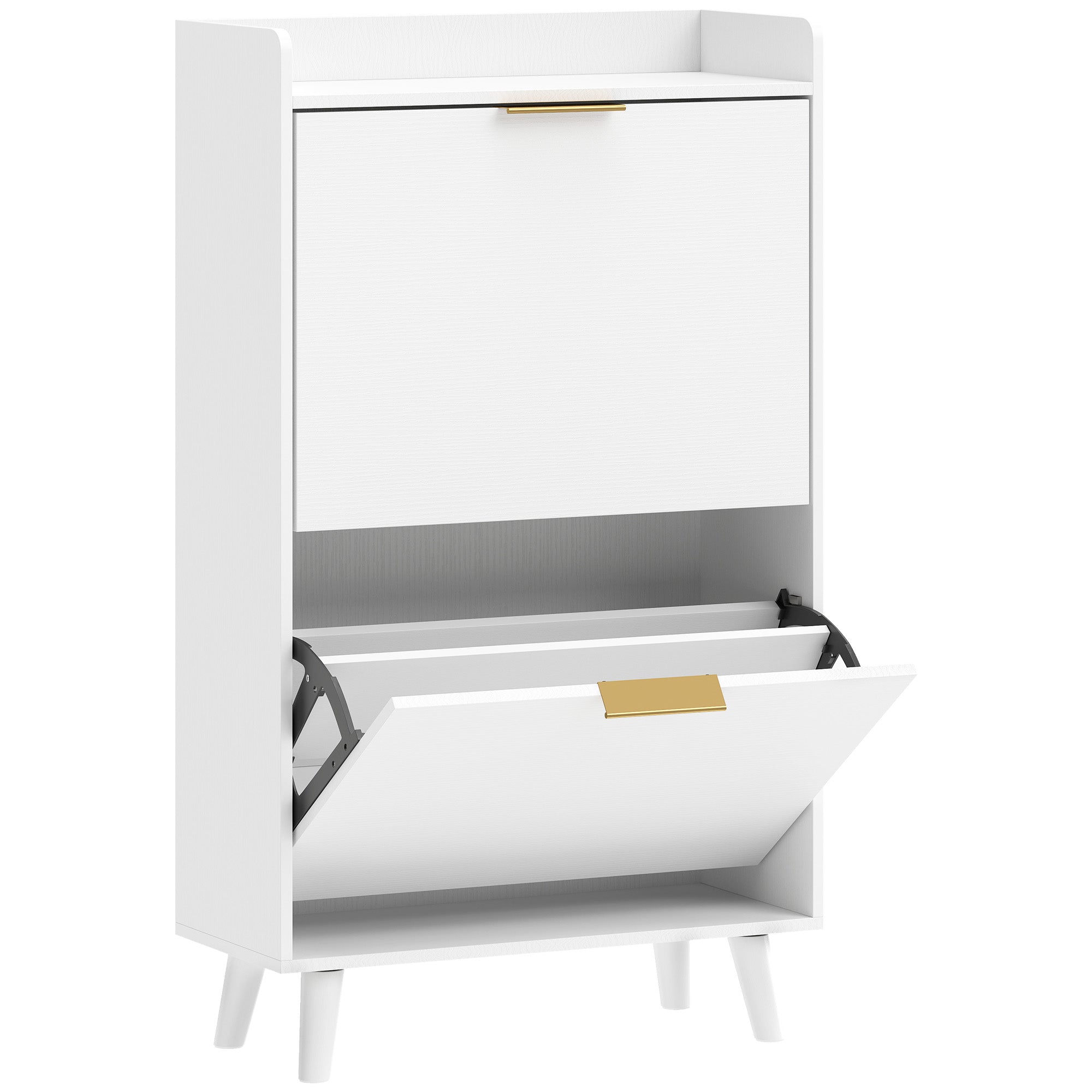 Meuble à chaussures 12 paires, armoire à chaussures étroite avec 2 tiroirs rabattables, étagères réglables et plateau supérieur, pieds en bois d'hévéa, pour couloir, entrée, 70x30x120cm, blanc