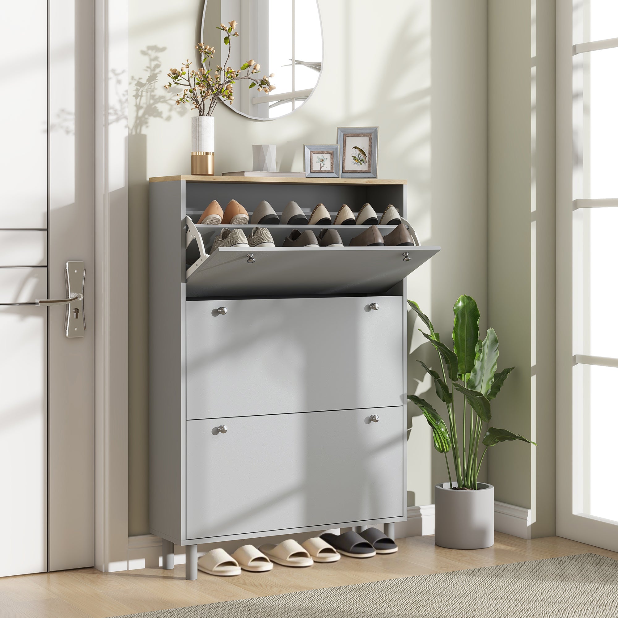 Meuble à chaussures 24 paires, armoire à chaussures étroite, meuble d'entrée avec 3 tiroirs rabattables et étagères réglables, pour couloir et entrée, 80x23,5x121cm, gris