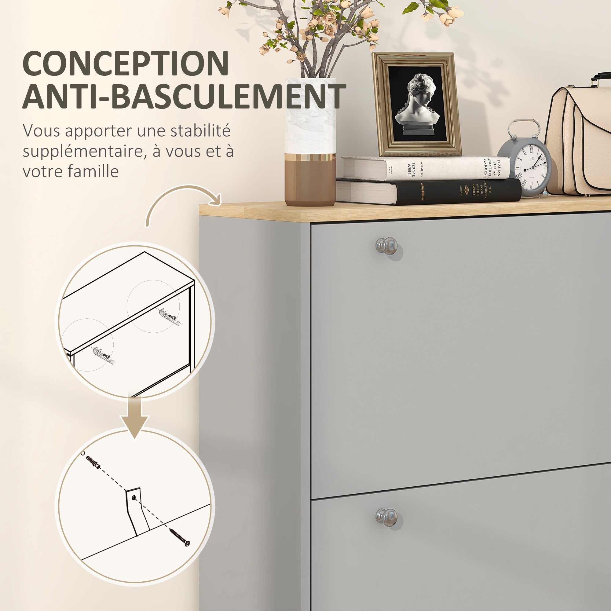 Meuble à chaussures 24 paires, armoire à chaussures étroite, meuble d'entrée avec 3 tiroirs rabattables et étagères réglables, pour couloir et entrée, 80x23,5x121cm, gris