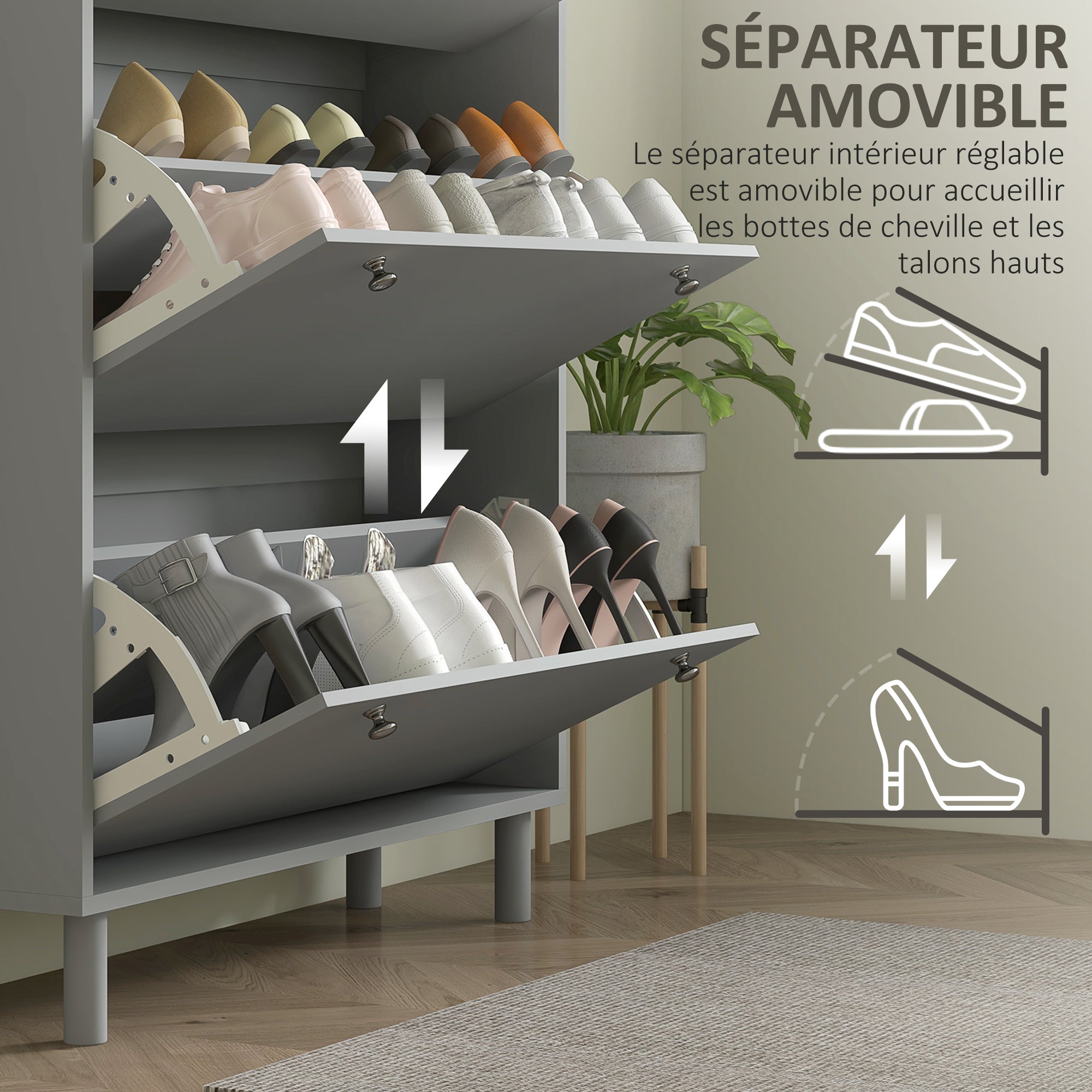 Meuble à chaussures 24 paires, armoire à chaussures étroite, meuble d'entrée avec 3 tiroirs rabattables et étagères réglables, pour couloir et entrée, 80x23,5x121cm, gris