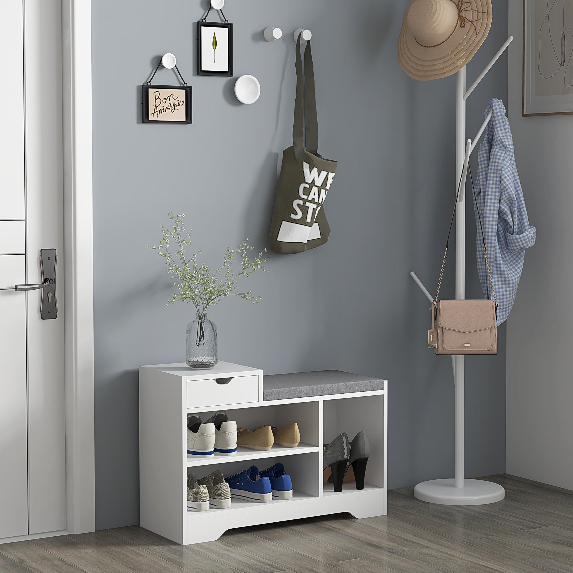 Banc à chaussures, banc de rangement, 1 tiroir et 3 compartiments, meuble d'entrée avec coussin rembourrée, pour couloir, entrée, chambre, 76,5 x 30 x 52 cm, blanc