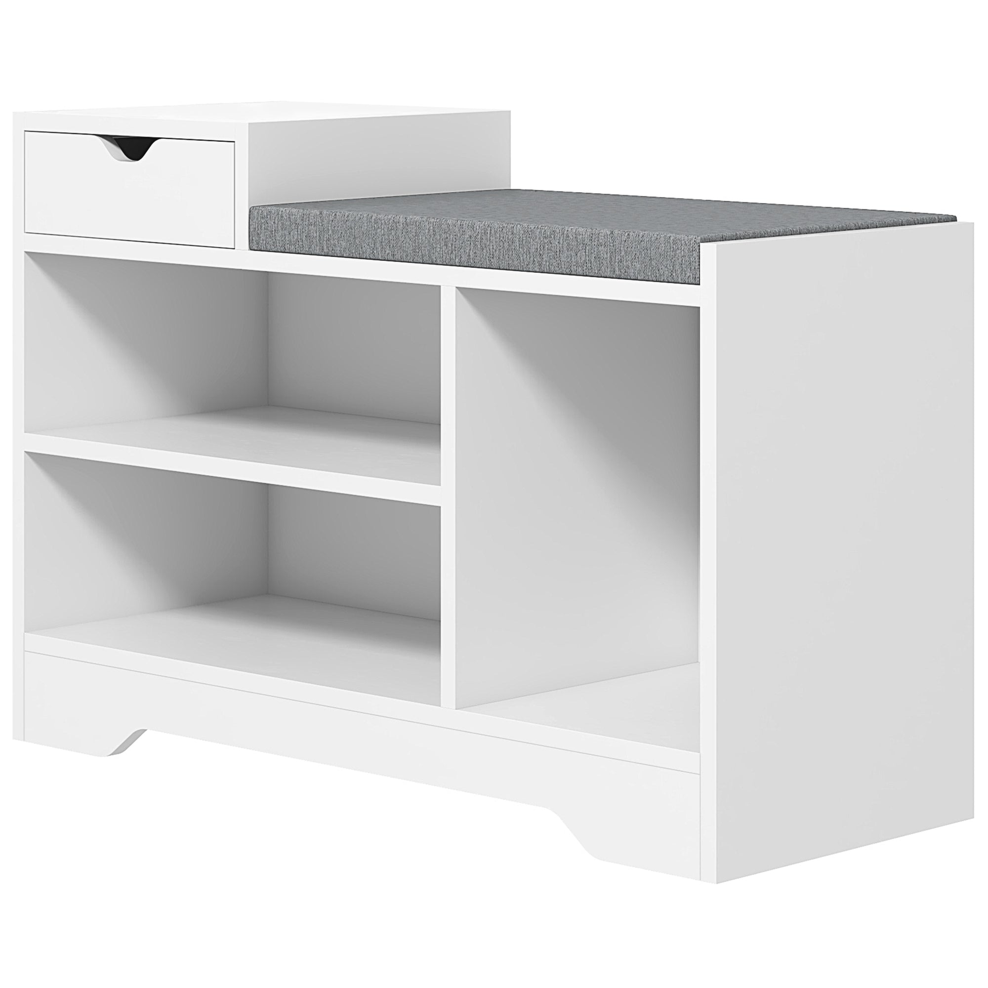 Banc à chaussures, banc de rangement, 1 tiroir et 3 compartiments, meuble d'entrée avec coussin rembourrée, pour couloir, entrée, chambre, 76,5 x 30 x 52 cm, blanc