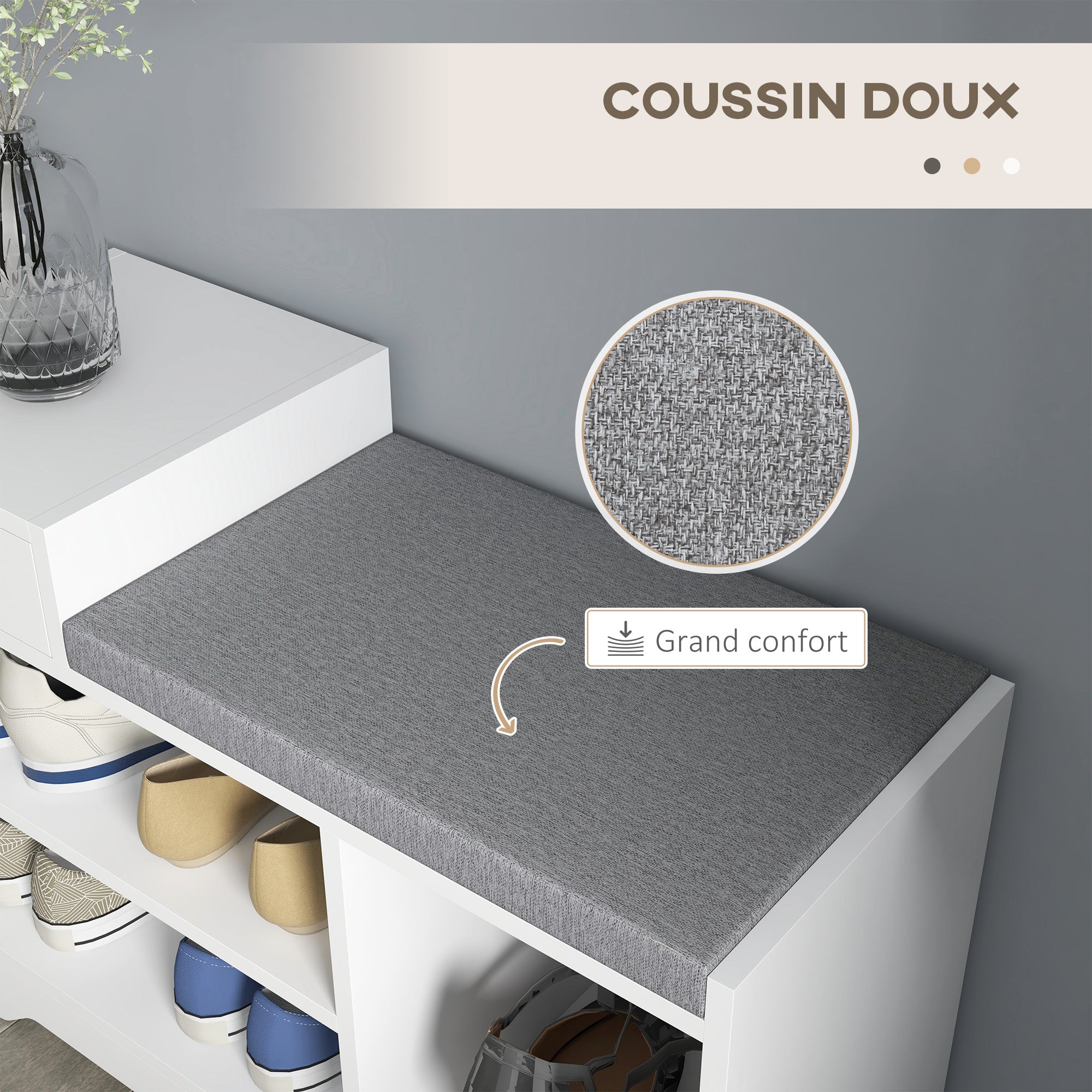 Banc à chaussures, banc de rangement, 1 tiroir et 3 compartiments, meuble d'entrée avec coussin rembourrée, pour couloir, entrée, chambre, 76,5 x 30 x 52 cm, blanc