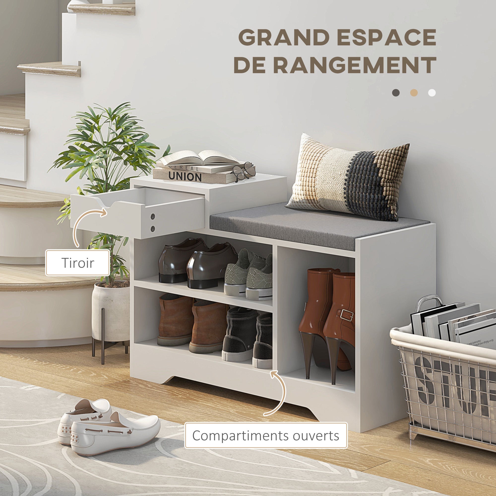 Banc à chaussures, banc de rangement, 1 tiroir et 3 compartiments, meuble d'entrée avec coussin rembourrée, pour couloir, entrée, chambre, 76,5 x 30 x 52 cm, blanc